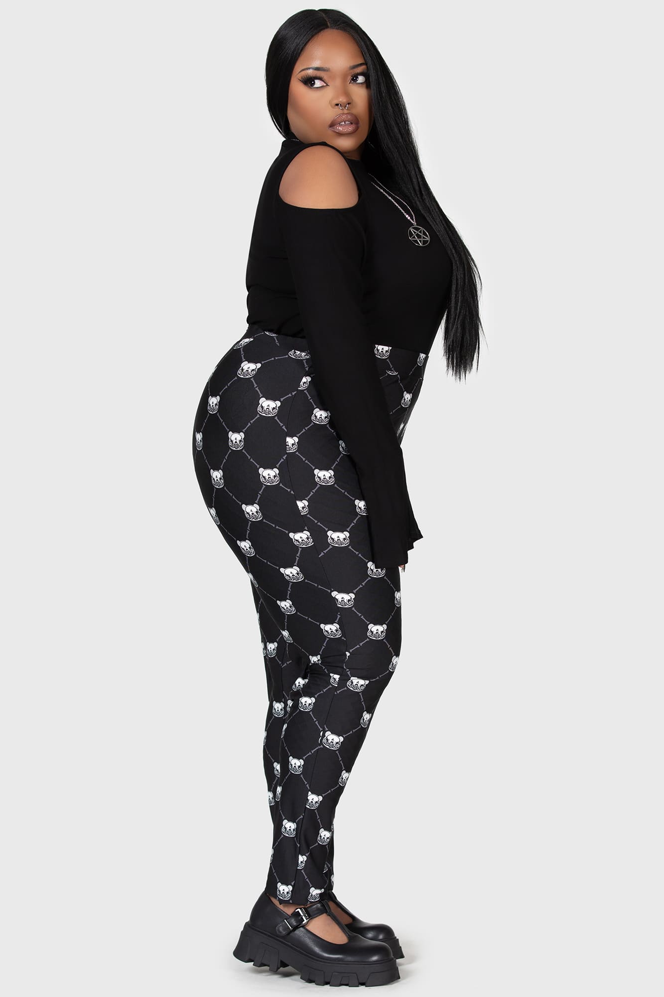 Killstar Gloomy Bear Print Leggings with Bow Details
