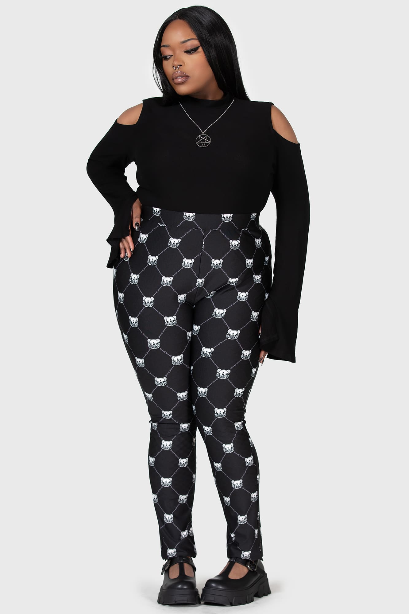 Killstar Gloomy Bear Print Leggings with Bow Details