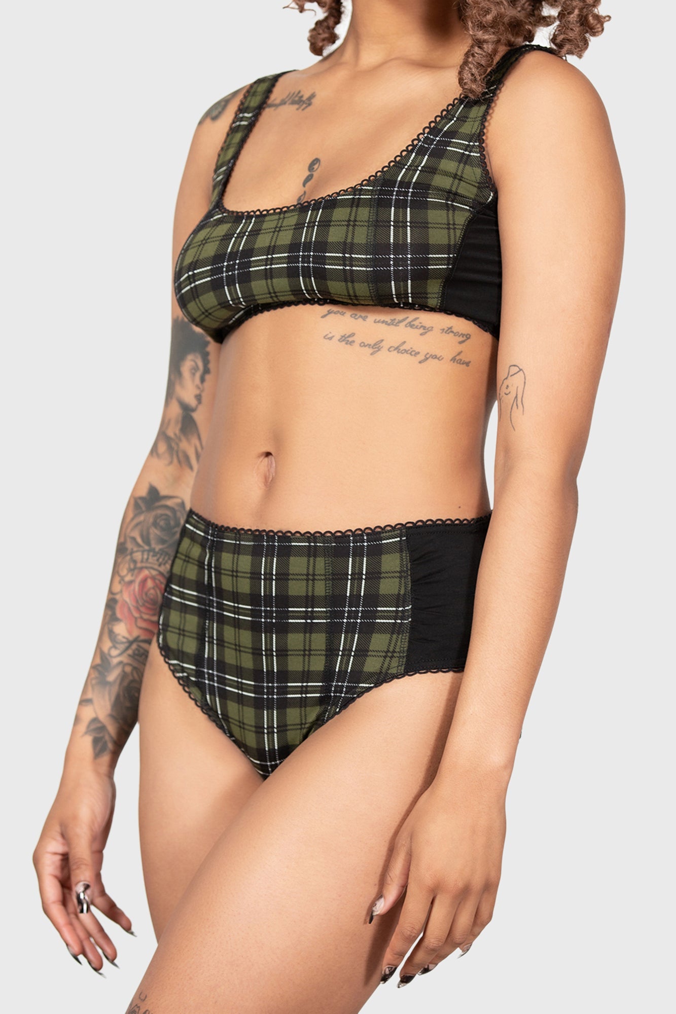 Killstar Autumn Lights Bra - Green Tartan & Black Stretch Lace