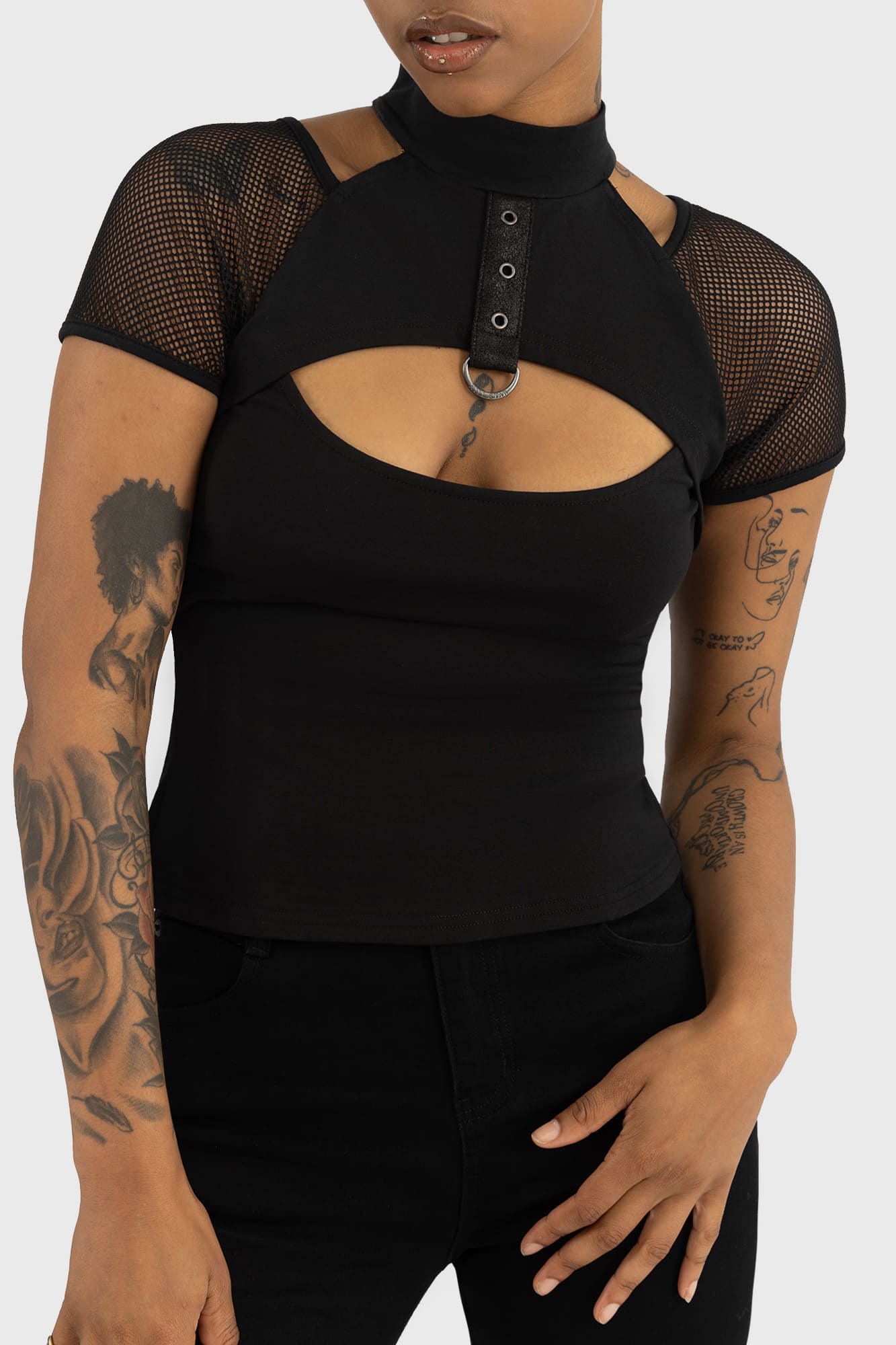 KILLSTAR Cimmeris Gothic Top with Fishnet Sleeves & Keyhole