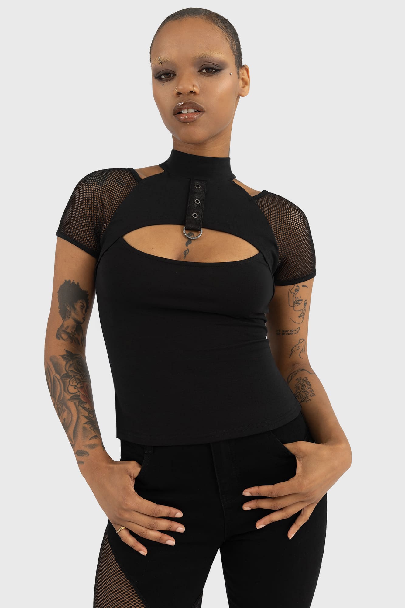 KILLSTAR Cimmeris Gothic Top with Fishnet Sleeves & Keyhole