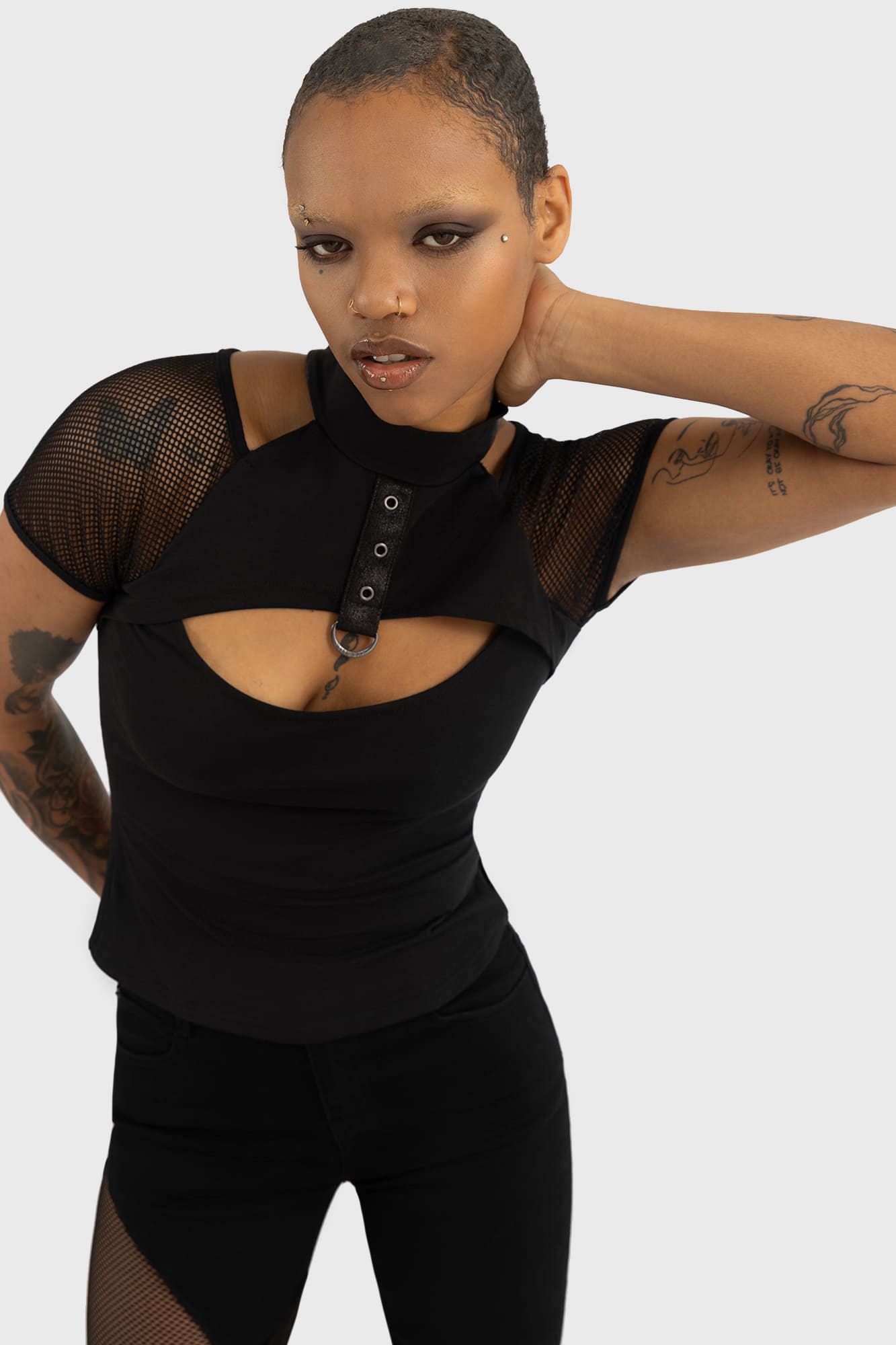 KILLSTAR Cimmeris Gothic Top with Fishnet Sleeves & Keyhole