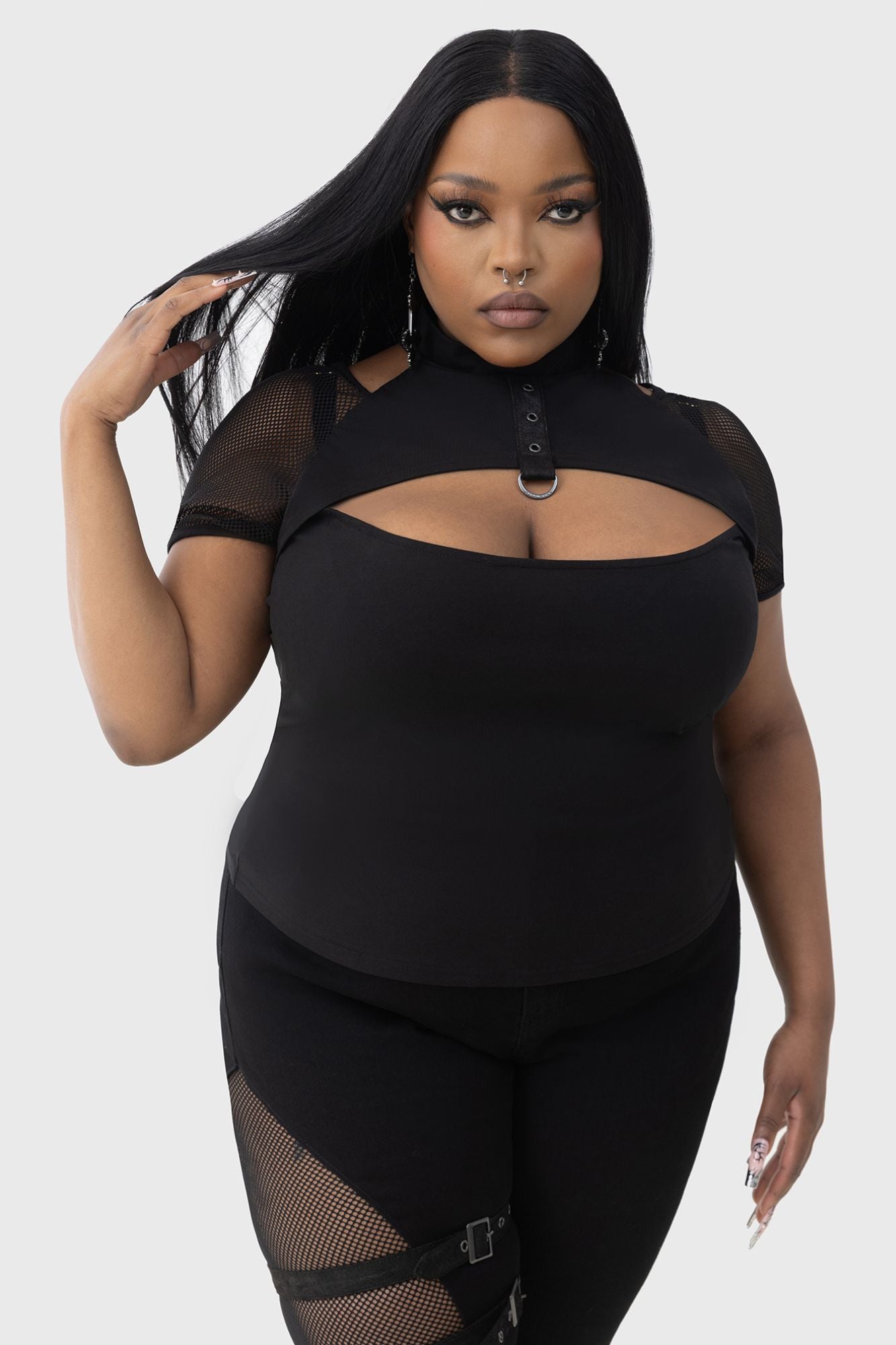 KILLSTAR Cimmeris Gothic Top with Fishnet Sleeves & Keyhole