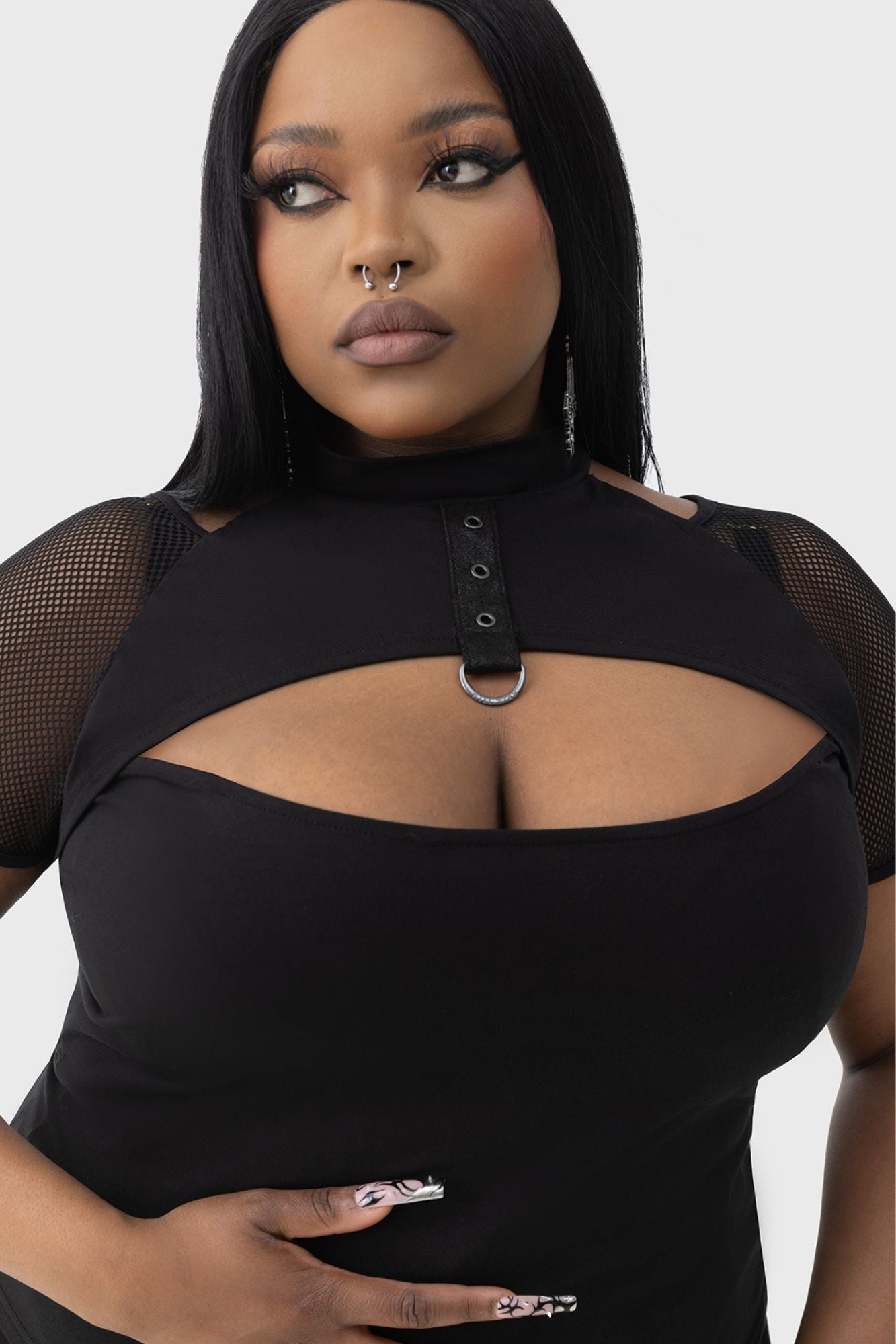 KILLSTAR Cimmeris Gothic Top with Fishnet Sleeves & Keyhole