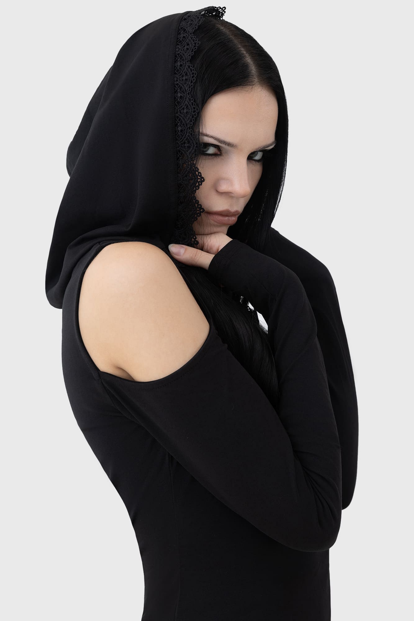 Killstar Moon Card Hooded Mini Dress with Lace Trim