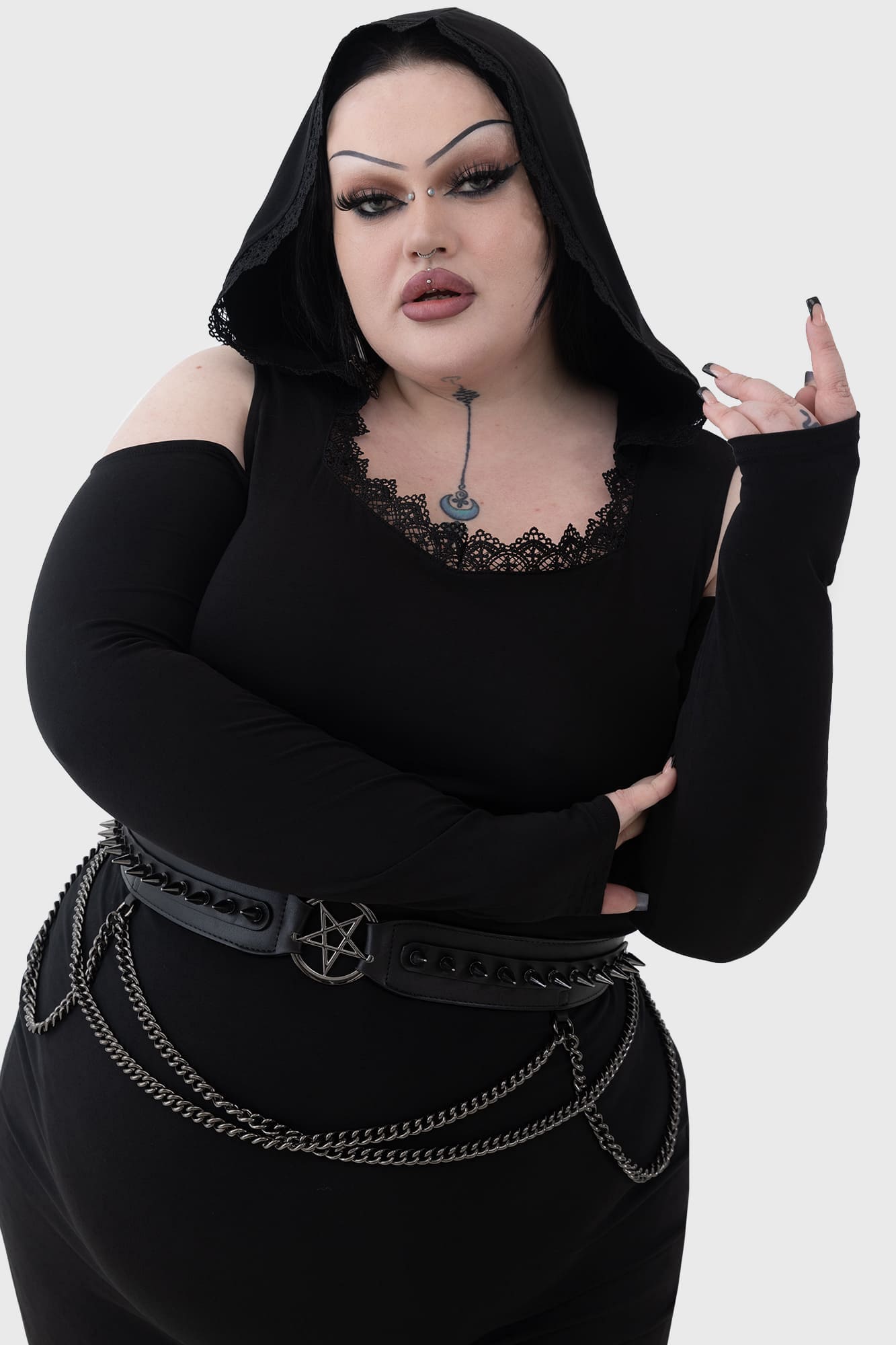 Killstar Moon Card Hooded Mini Dress with Lace Trim