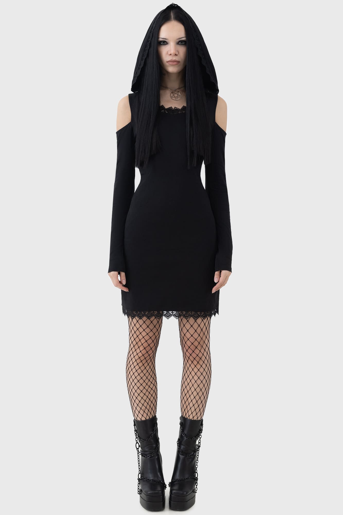 Killstar Moon Card Hooded Mini Dress with Lace Trim