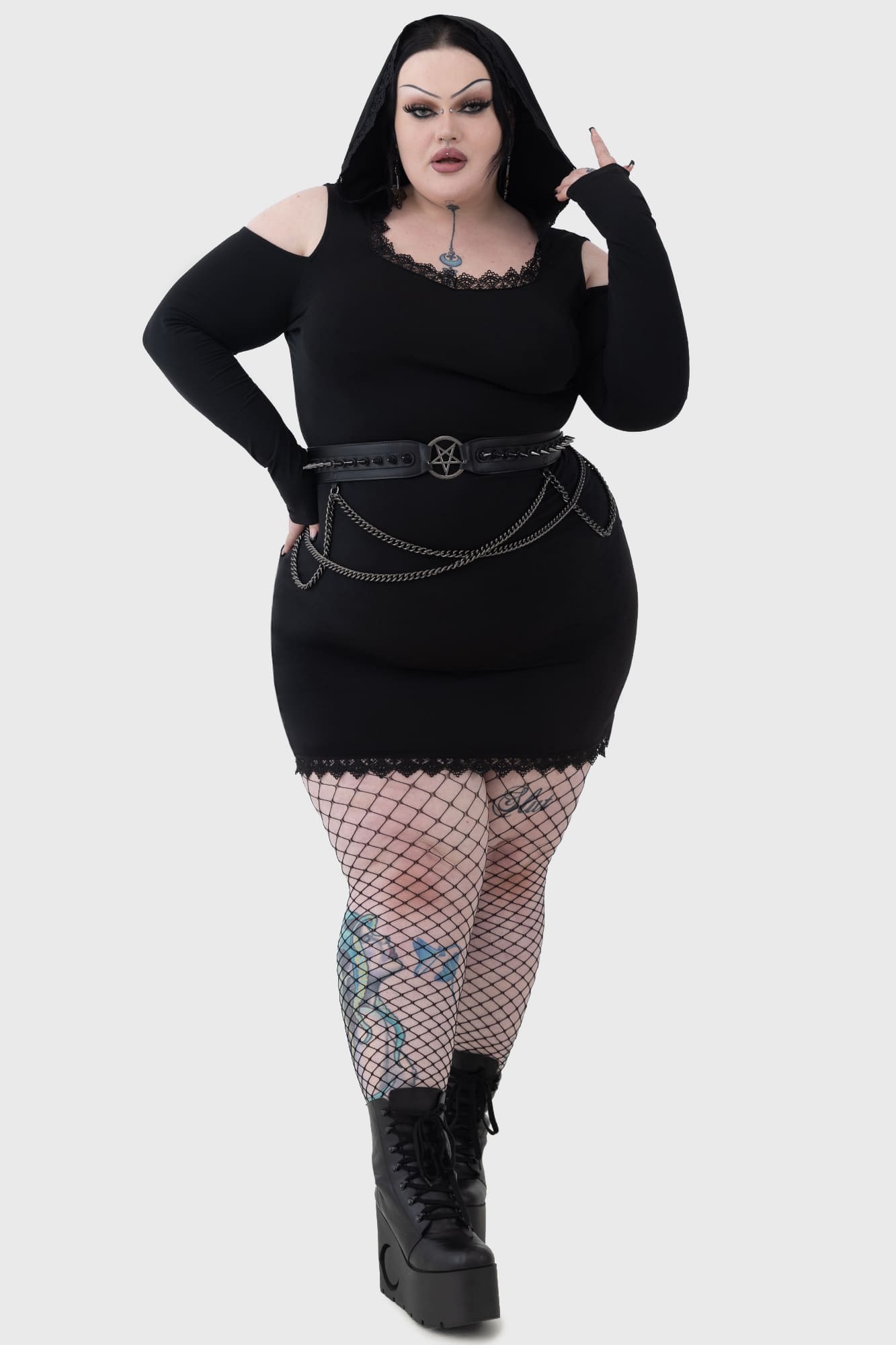 Killstar Moon Card Hooded Mini Dress with Lace Trim