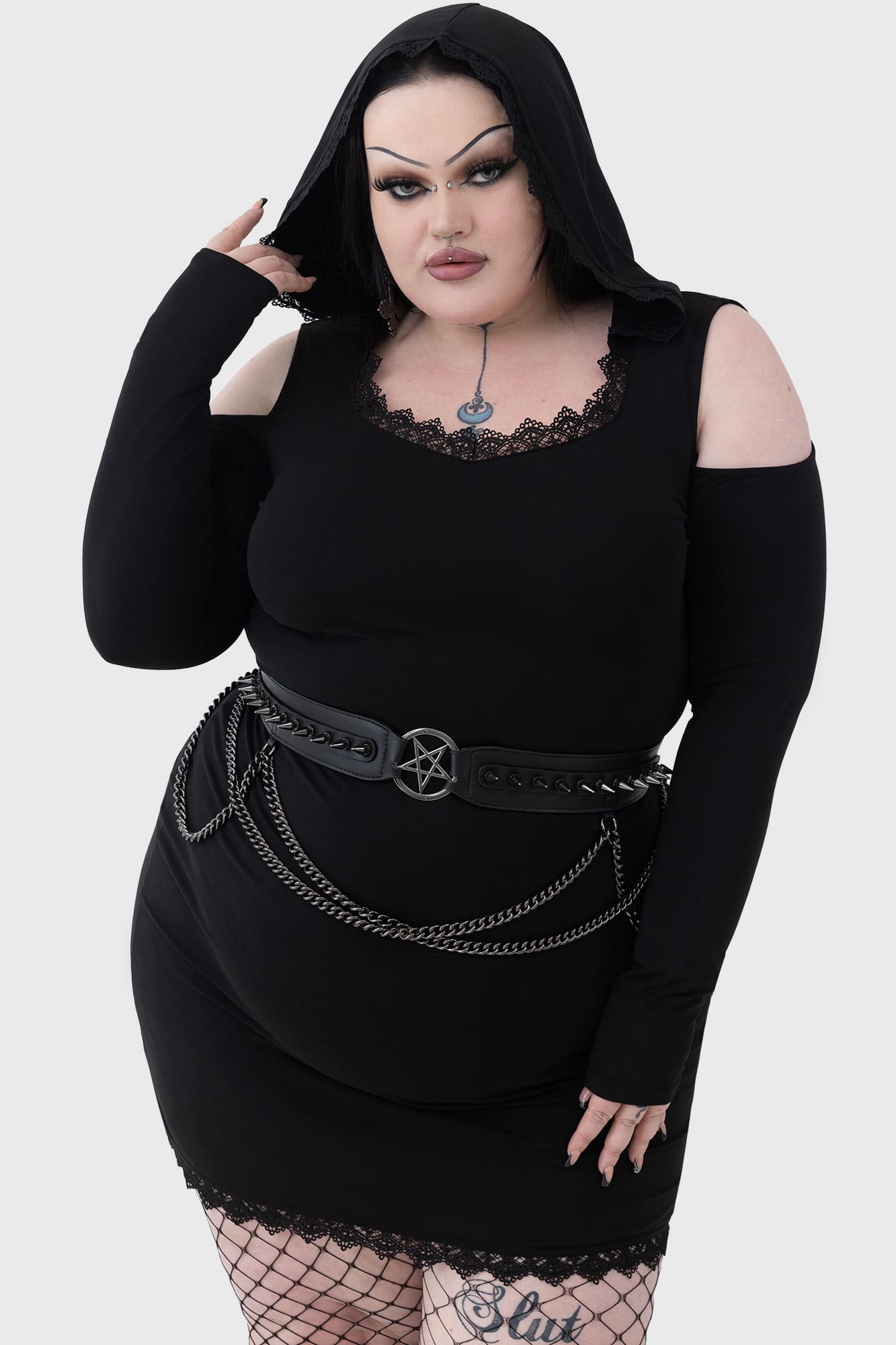 Killstar Moon Card Hooded Mini Dress with Lace Trim