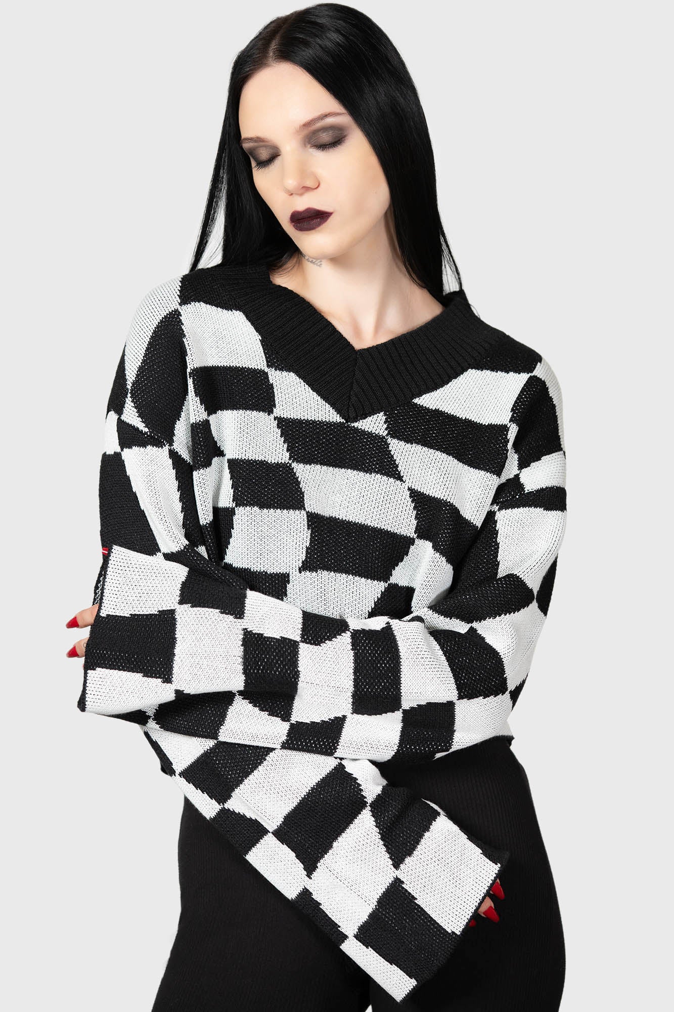 Killstar Wicked Games V-Neck Sweater - Distorted Checkerboard Pattern
