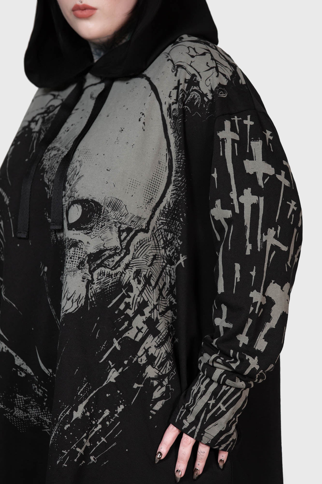 Killstar Cross The Bear Graphic Longline Hoodie - Unisex Cotton
