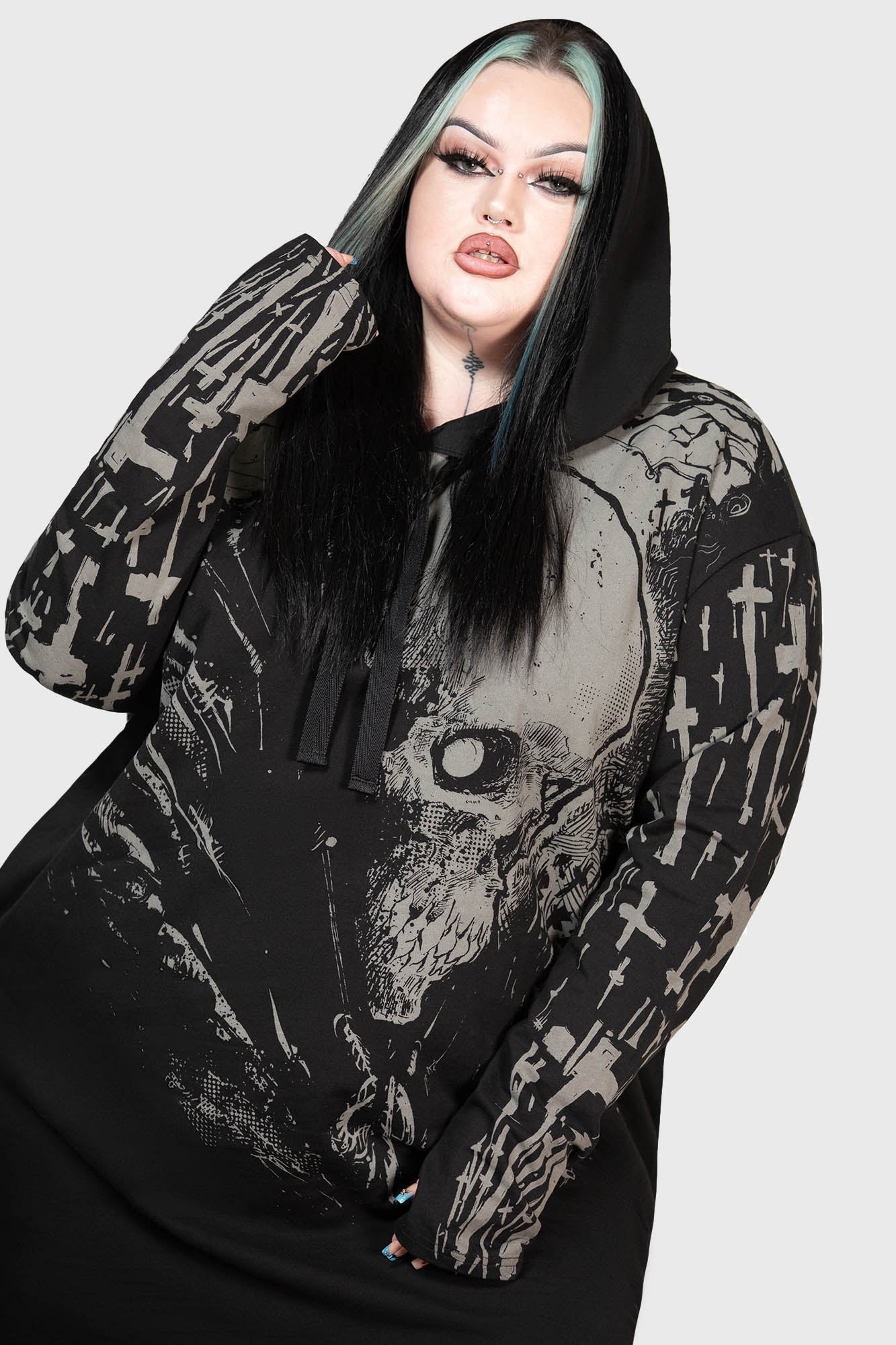 Killstar Cross The Bear Graphic Longline Hoodie - Unisex Cotton