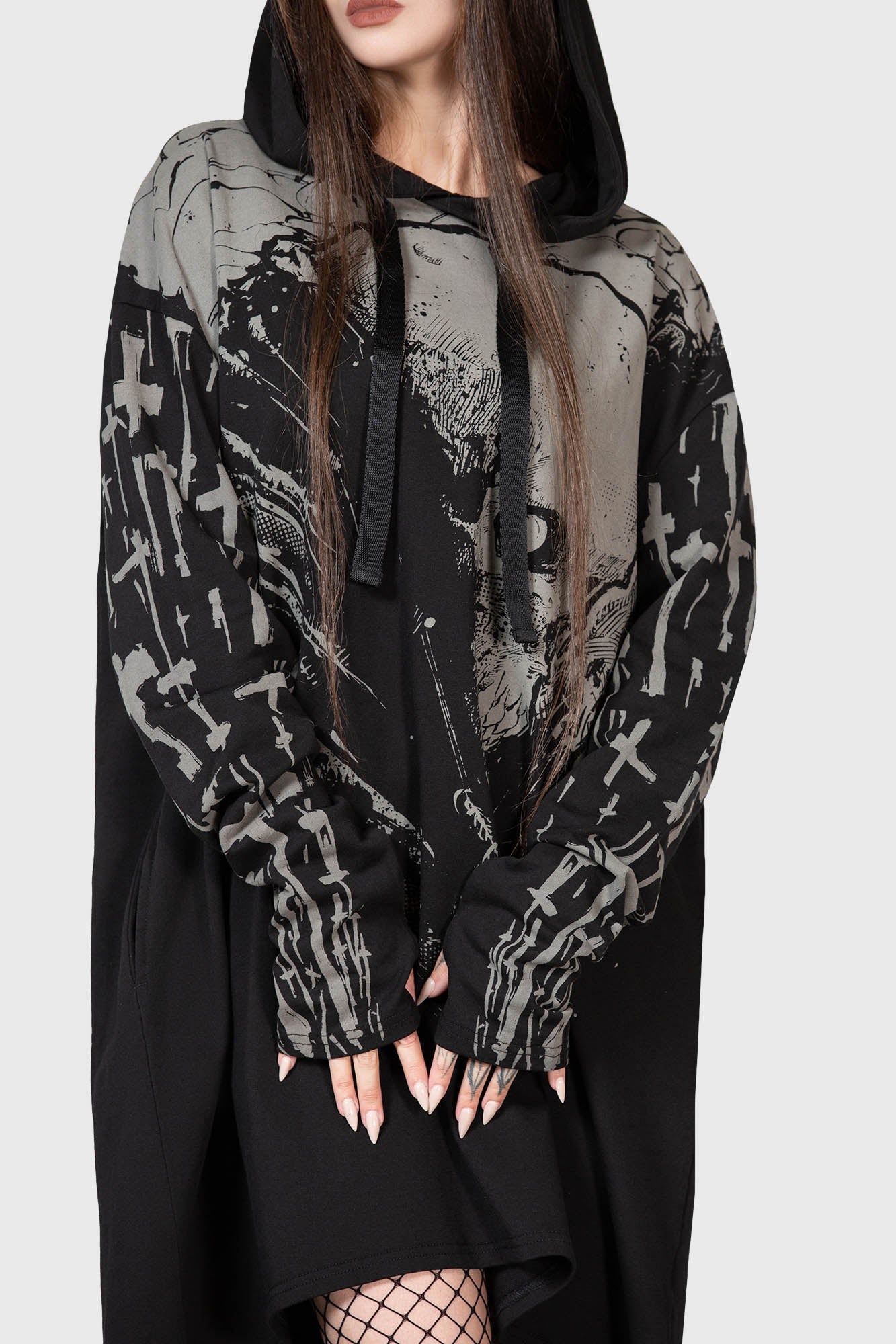 Killstar Cross The Bear Graphic Longline Hoodie - Unisex Cotton