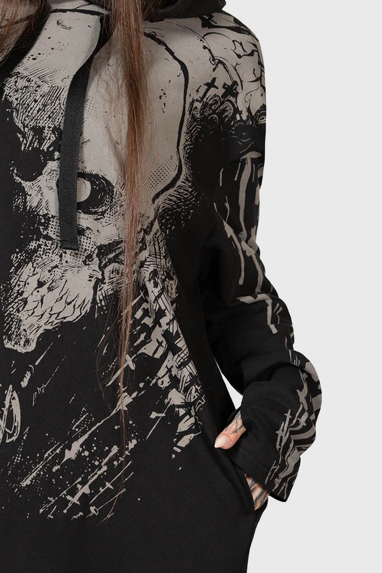 Killstar Cross The Bear Graphic Longline Hoodie - Unisex Cotton