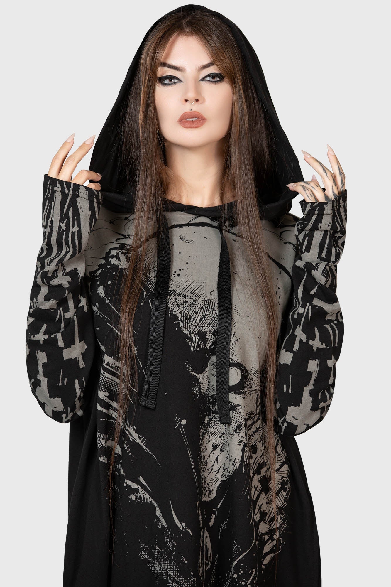 Killstar Cross The Bear Graphic Longline Hoodie - Unisex Cotton