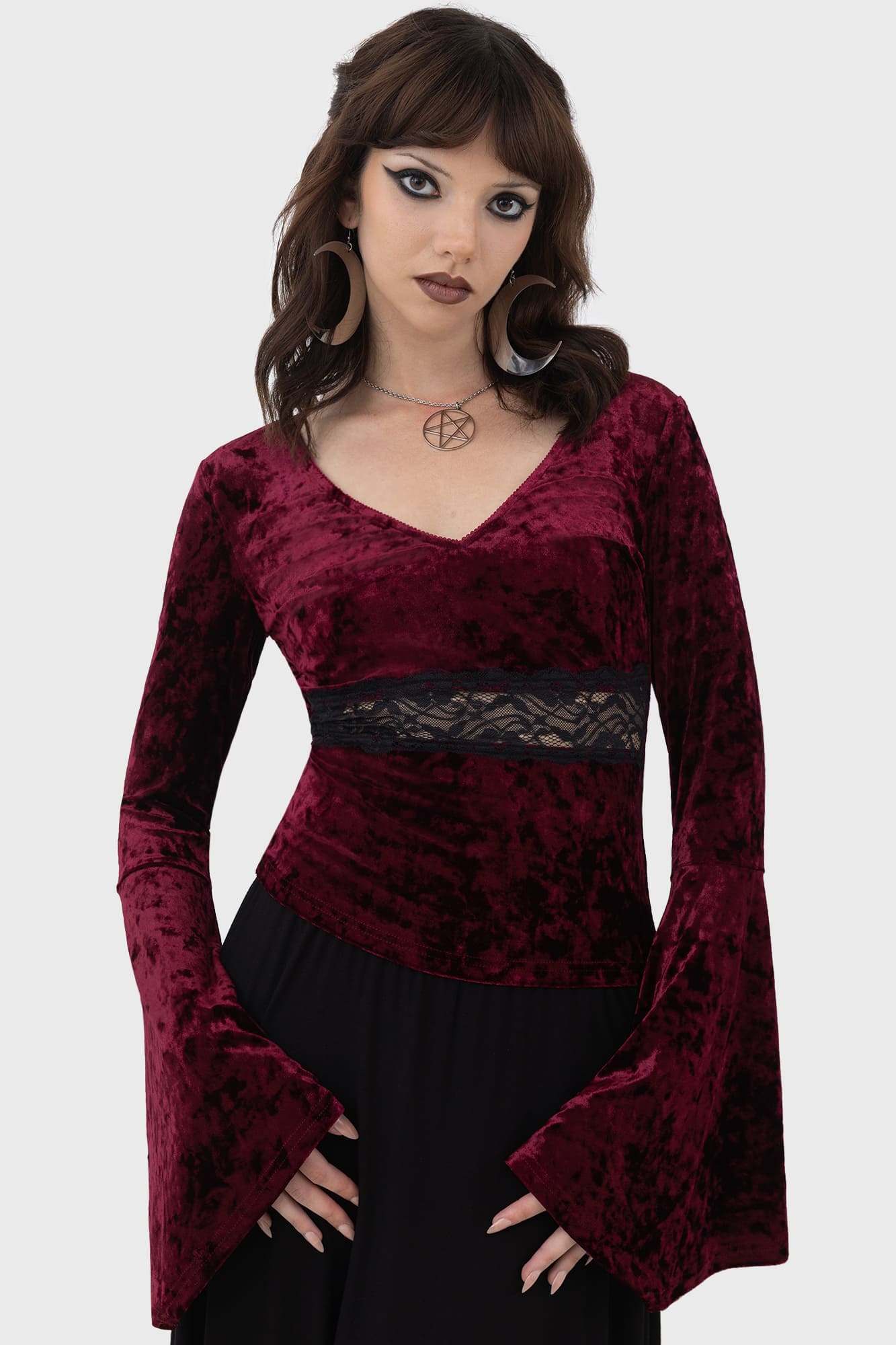 Killstar Rosethorn Velvet Top with Lace Panel & Flared Sleeves