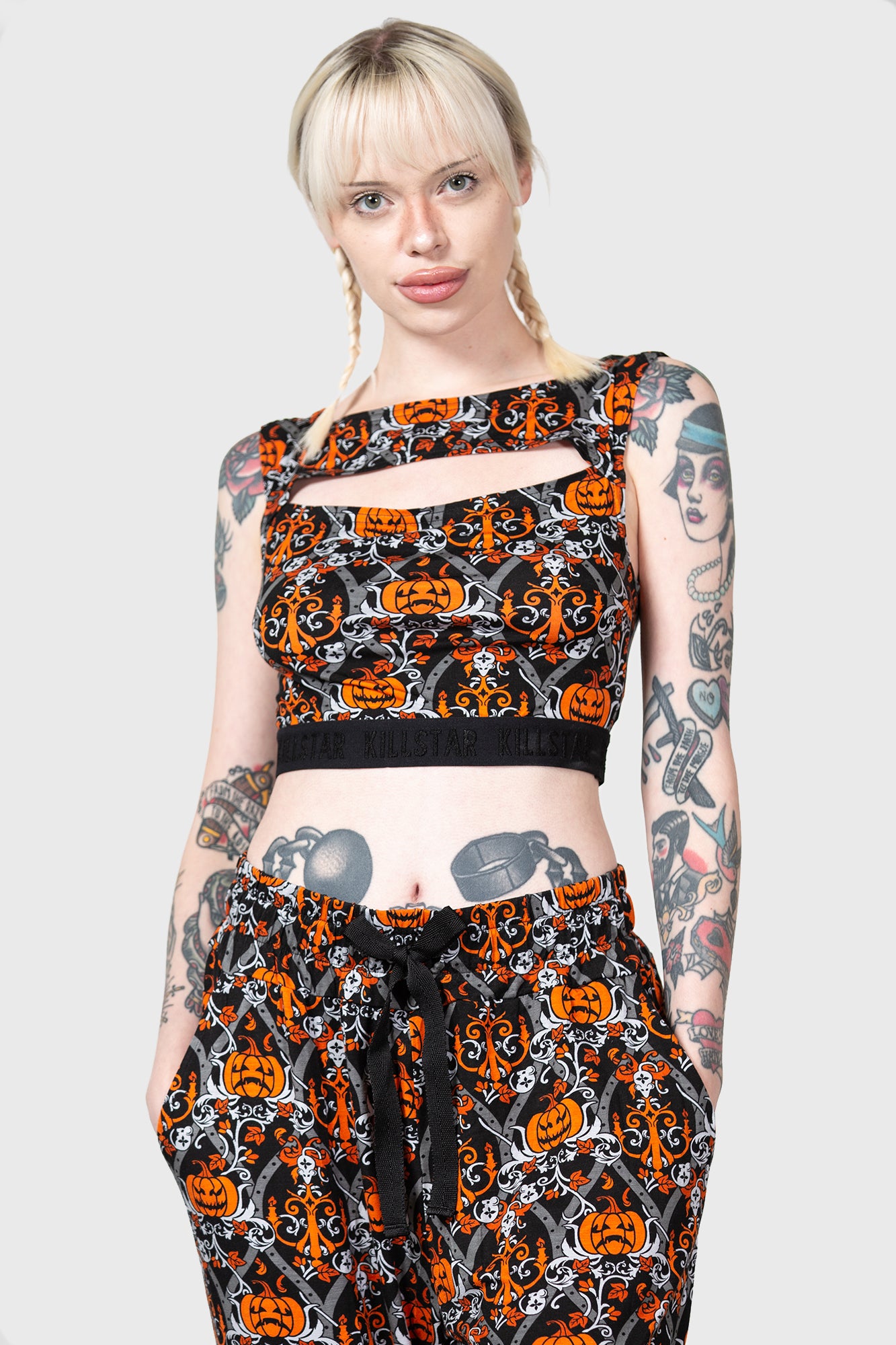 KILLSTAR Baroque Pumpkin Print Crop Top with Keyhole Detail