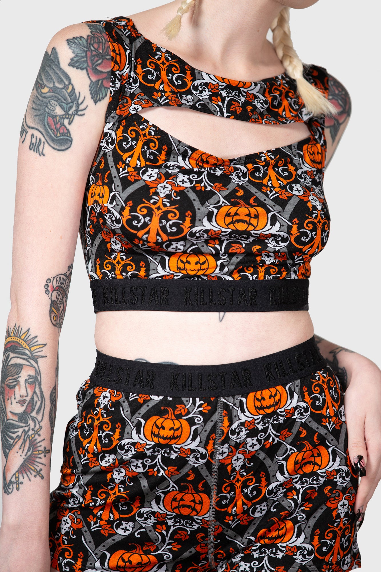 KILLSTAR Baroque Pumpkin Print Crop Top with Keyhole Detail