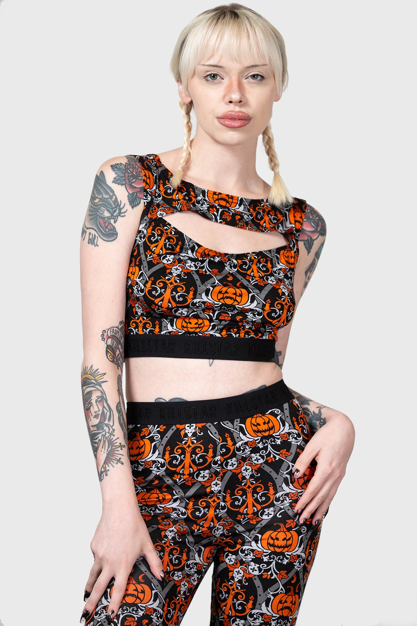 KILLSTAR Baroque Pumpkin Print Crop Top with Keyhole Detail
