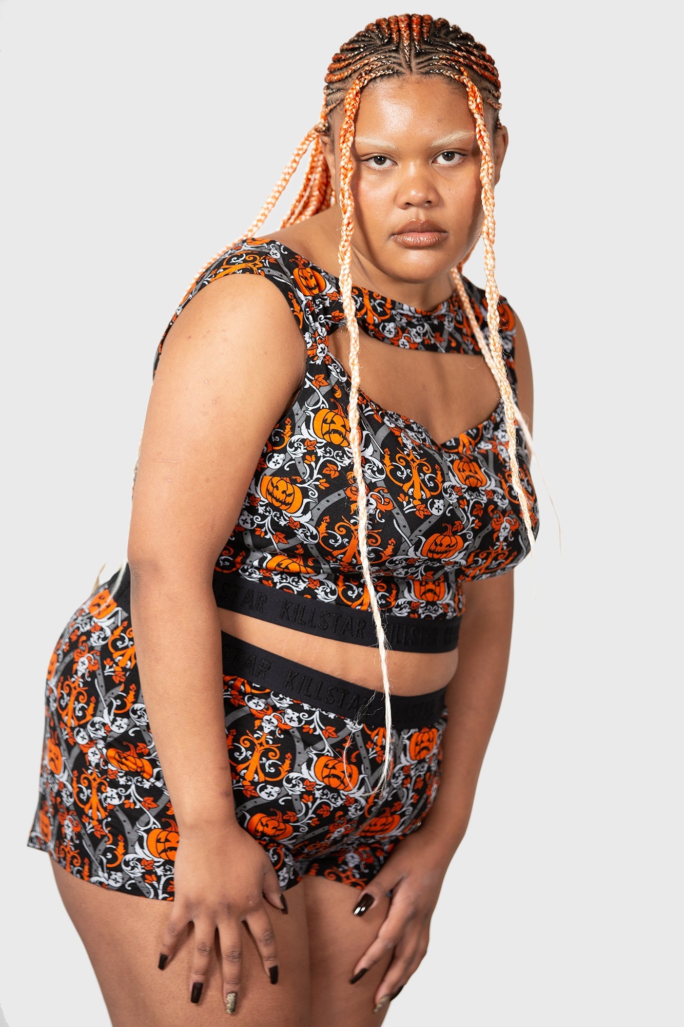 KILLSTAR Baroque Pumpkin Print Crop Top with Keyhole Detail