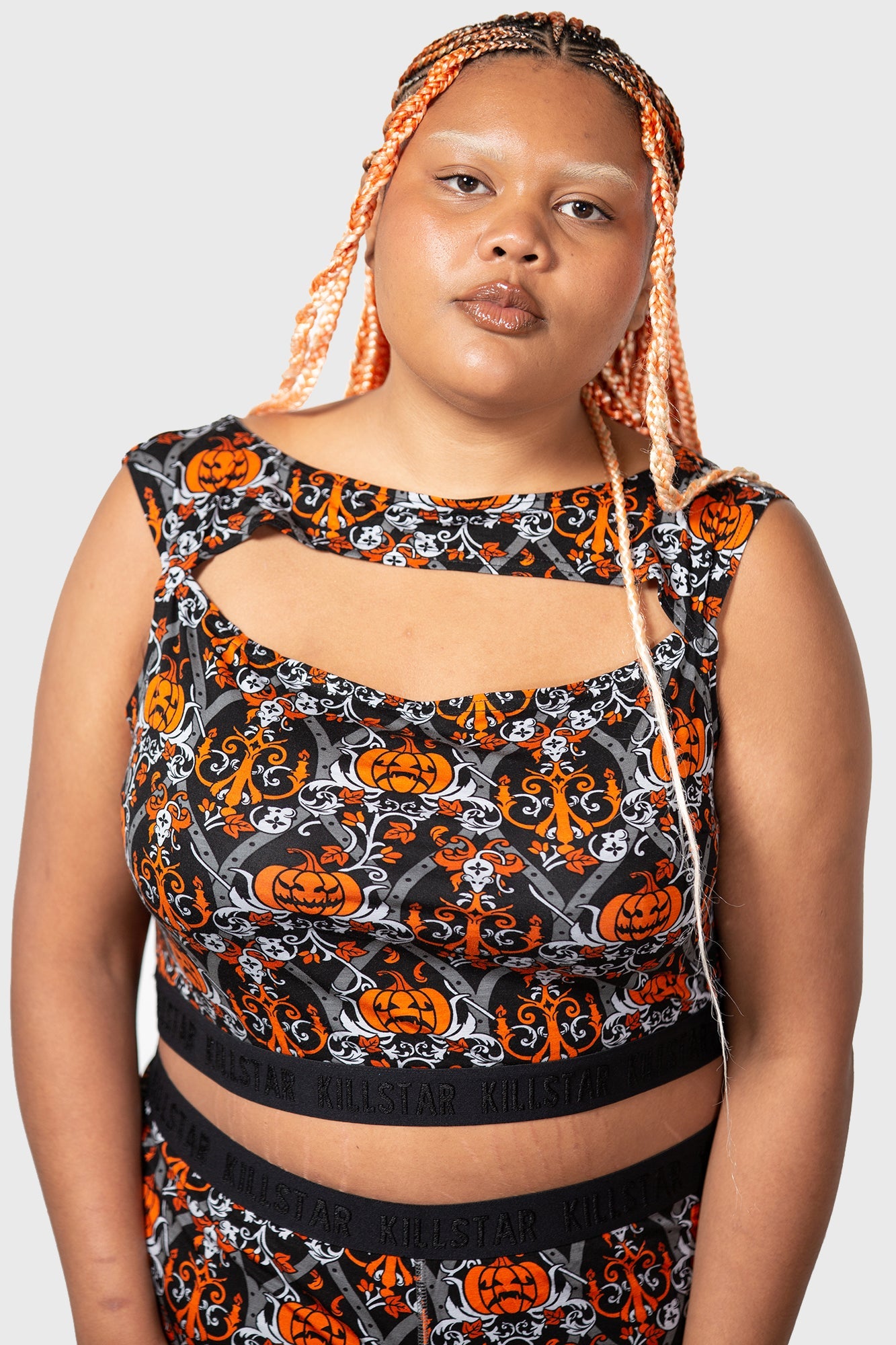 KILLSTAR Baroque Pumpkin Print Crop Top with Keyhole Detail