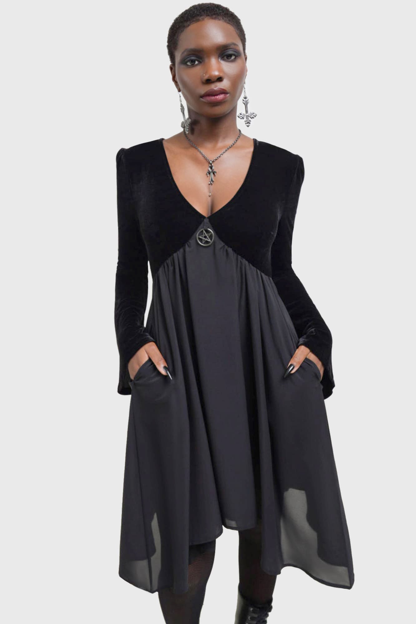 Killstar Nyctogrim Gothic Velvet Dress with Pentagram Hardware