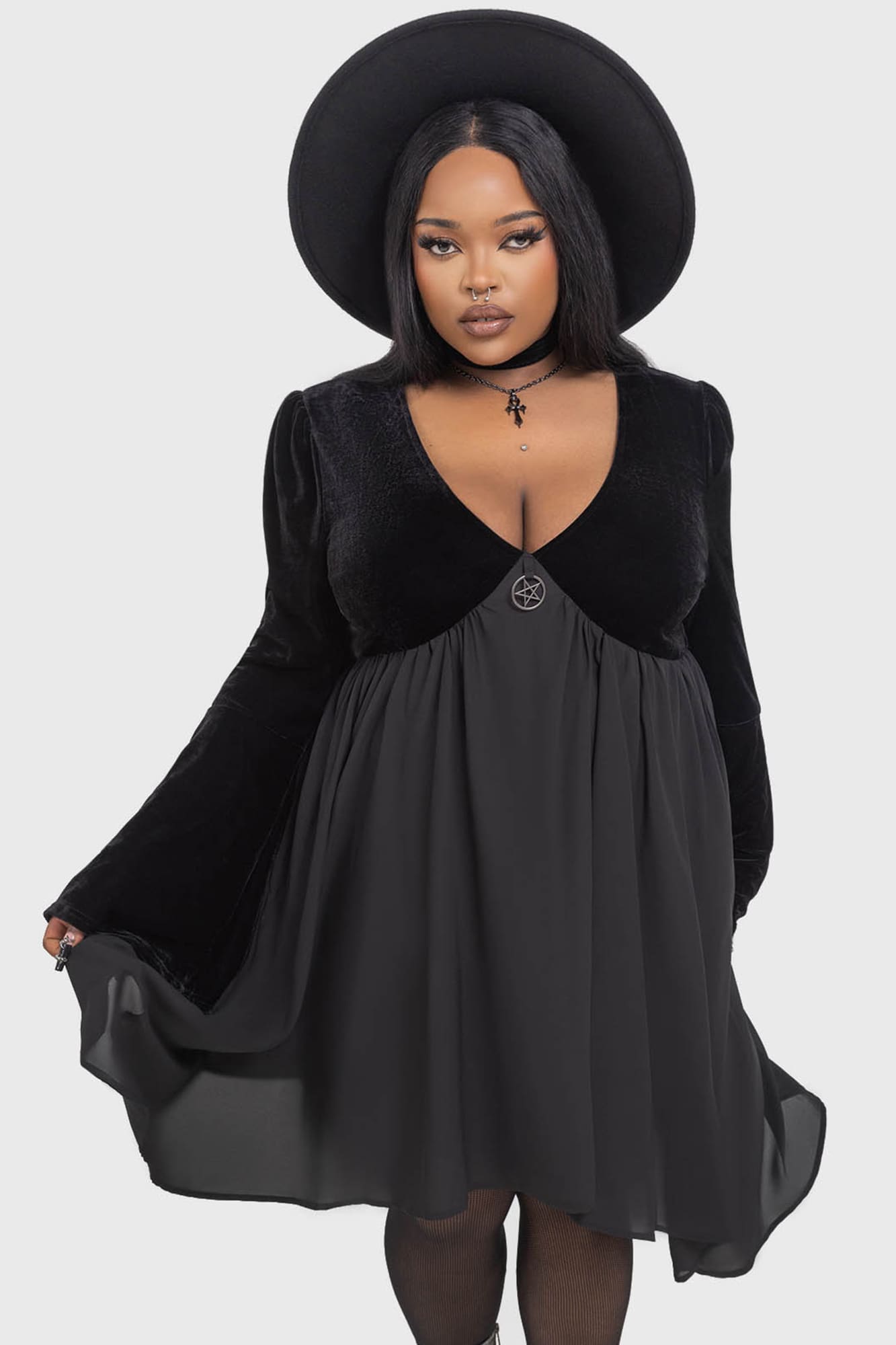 Killstar Nyctogrim Gothic Velvet Dress with Pentagram Hardware