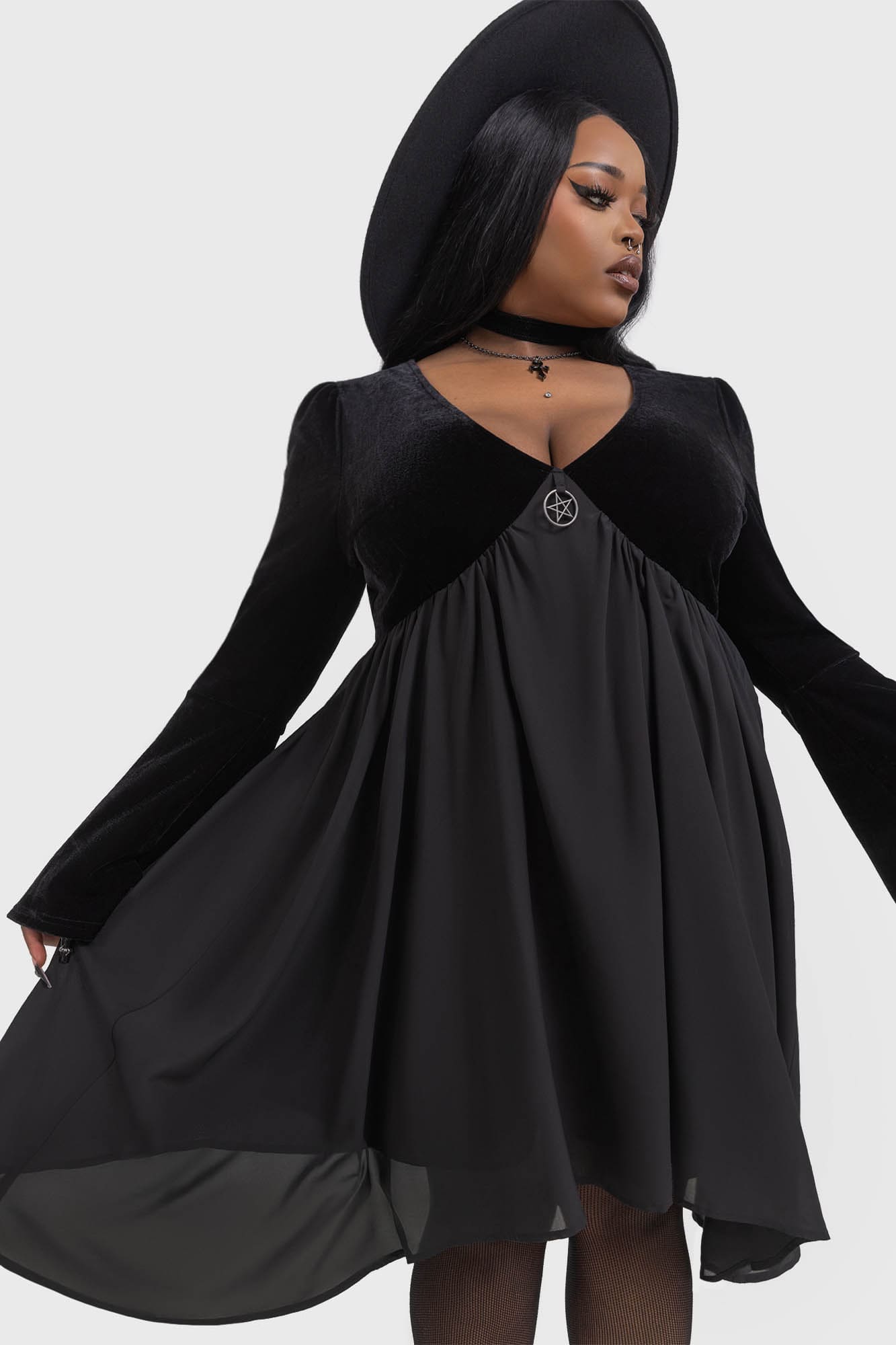 Killstar Nyctogrim Gothic Velvet Dress with Pentagram Hardware