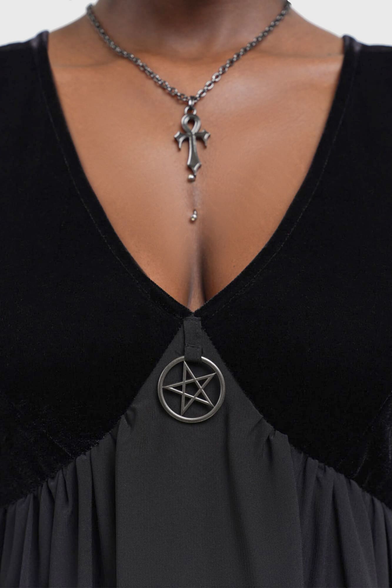Killstar Nyctogrim Gothic Velvet Dress with Pentagram Hardware