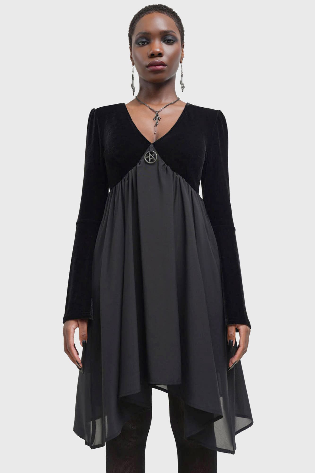 Killstar Nyctogrim Gothic Velvet Dress with Pentagram Hardware