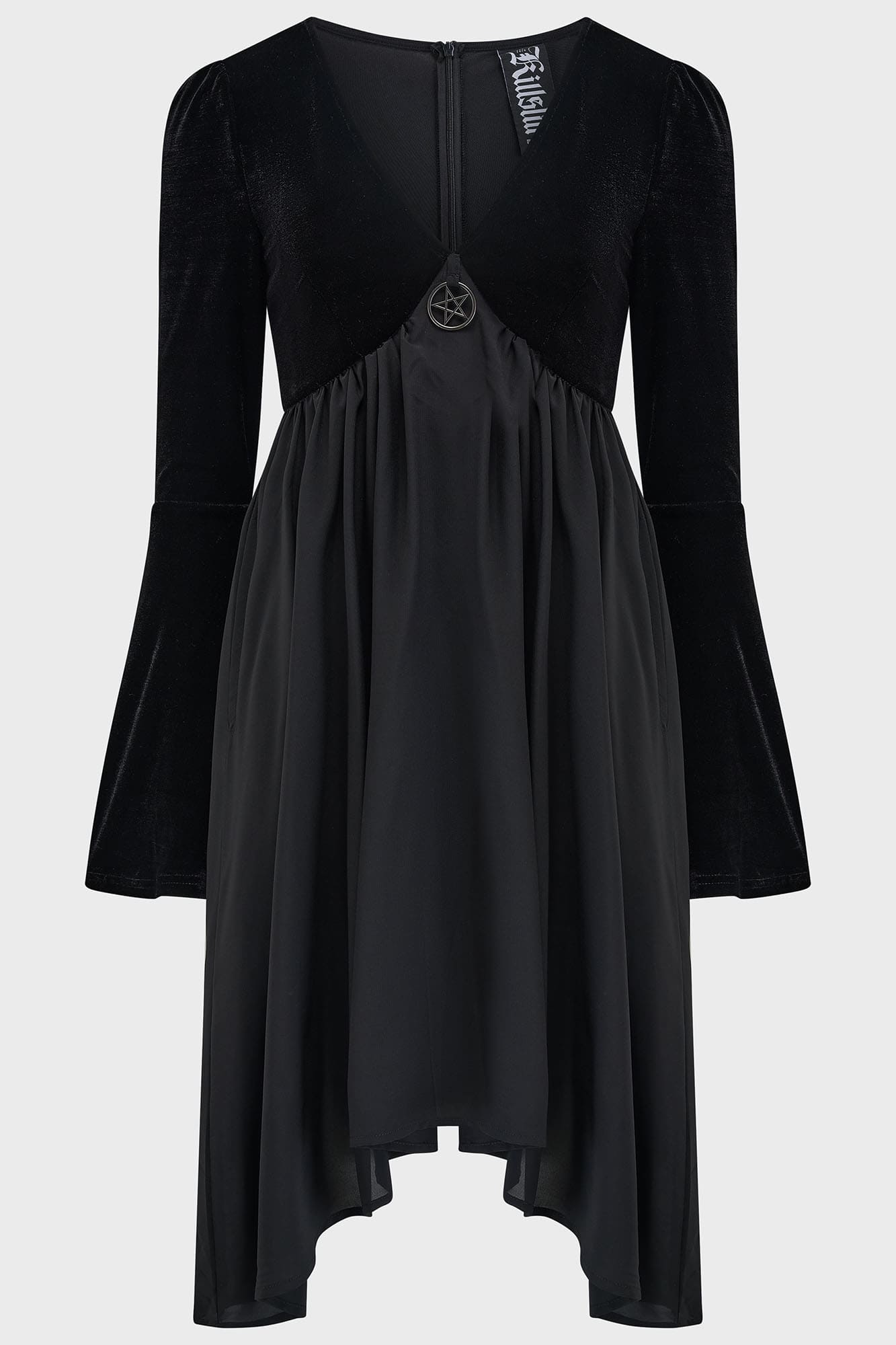 Killstar Nyctogrim Gothic Velvet Dress with Pentagram Hardware