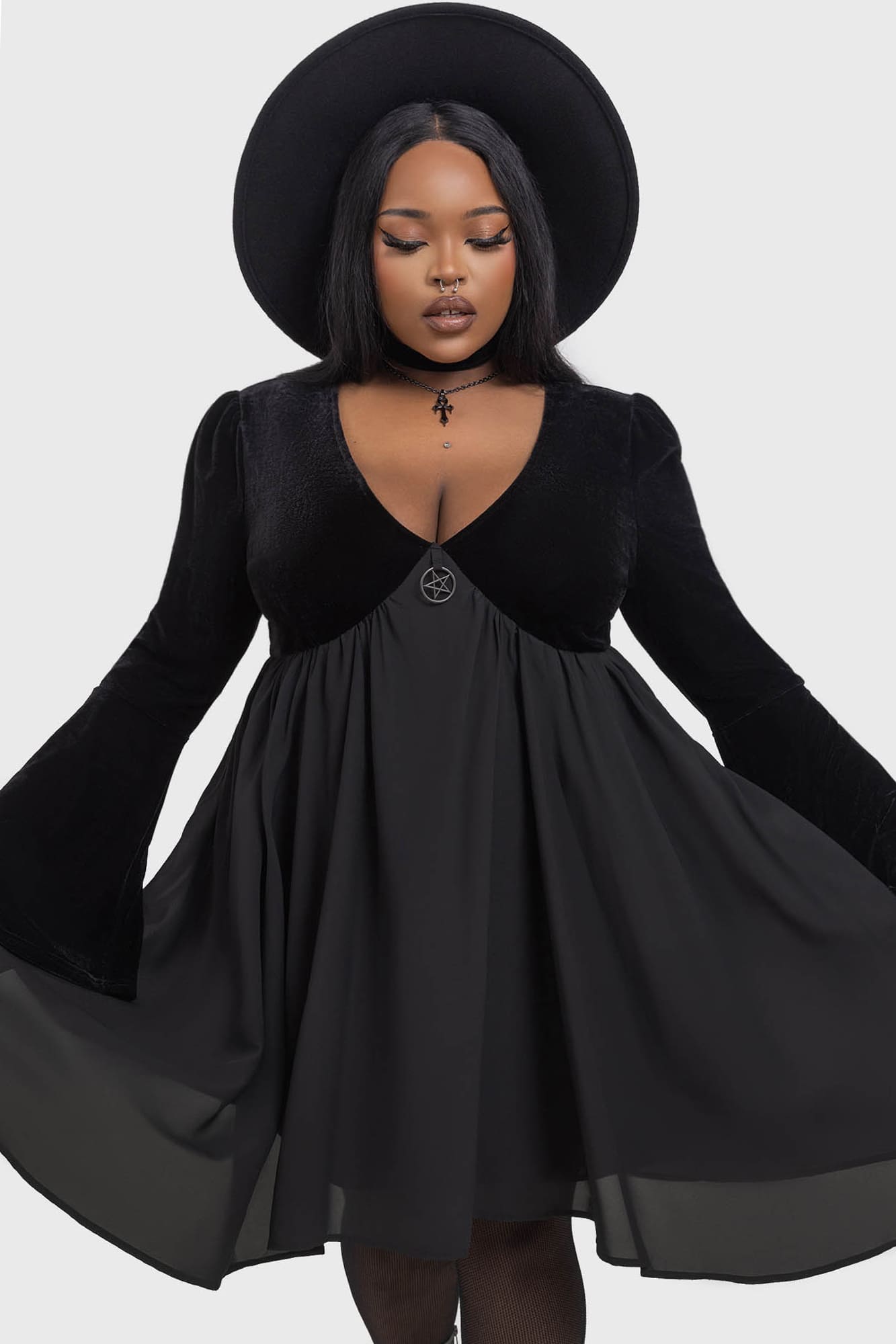 Killstar Nyctogrim Gothic Velvet Dress with Pentagram Hardware