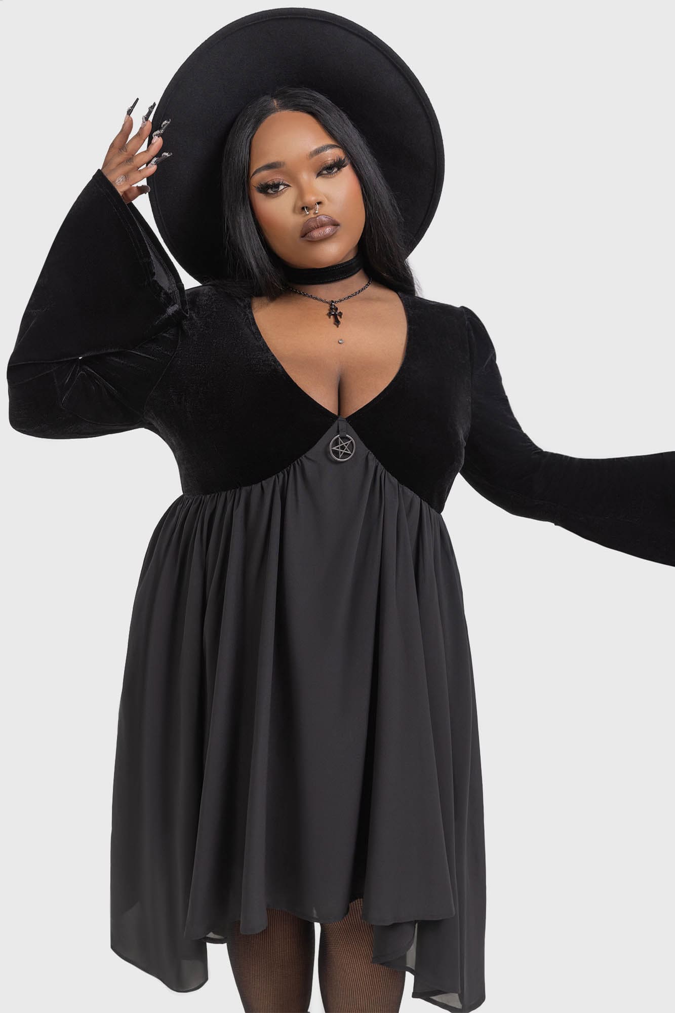 Killstar Nyctogrim Gothic Velvet Dress with Pentagram Hardware
