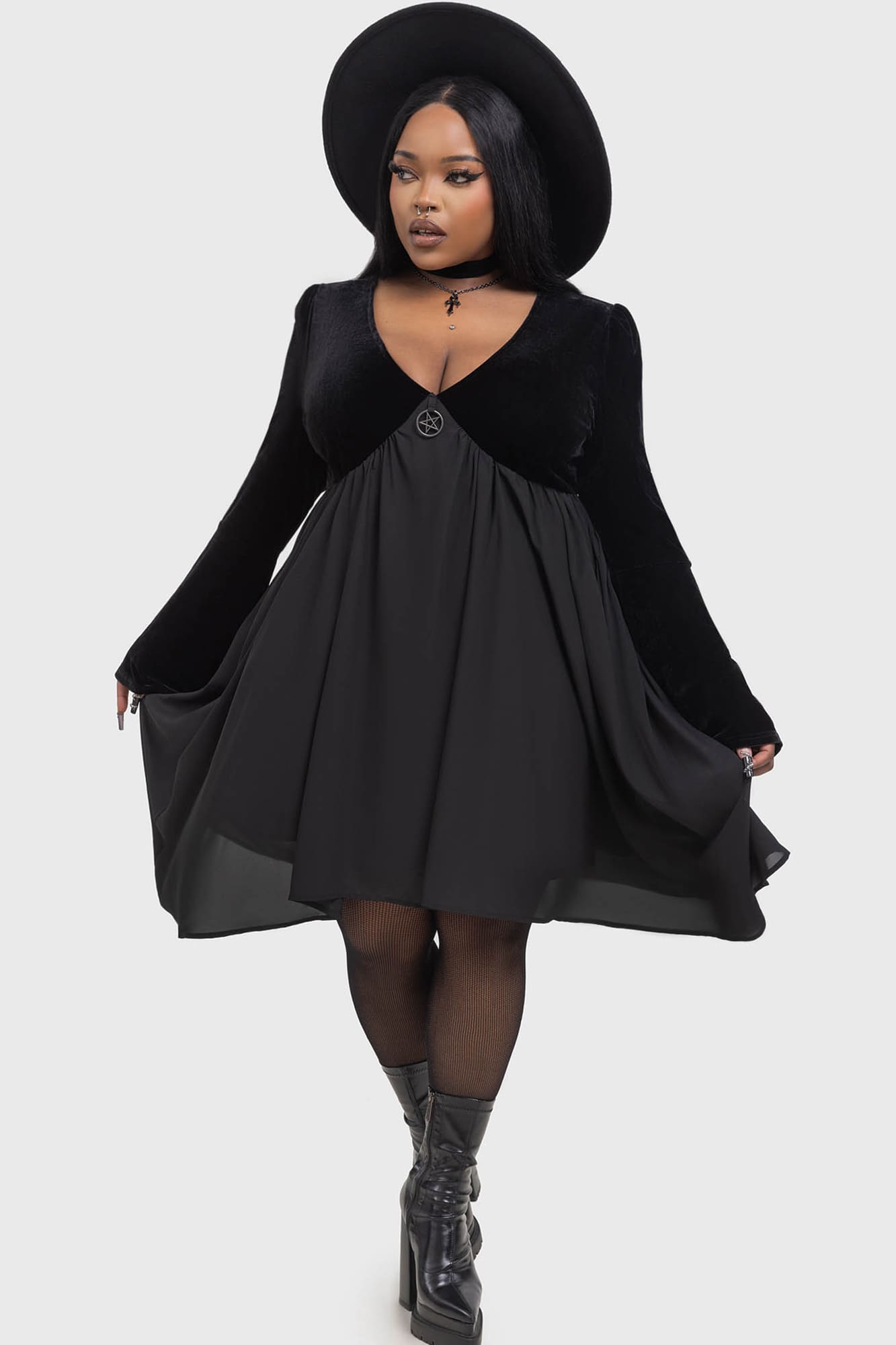 Killstar Nyctogrim Gothic Velvet Dress with Pentagram Hardware