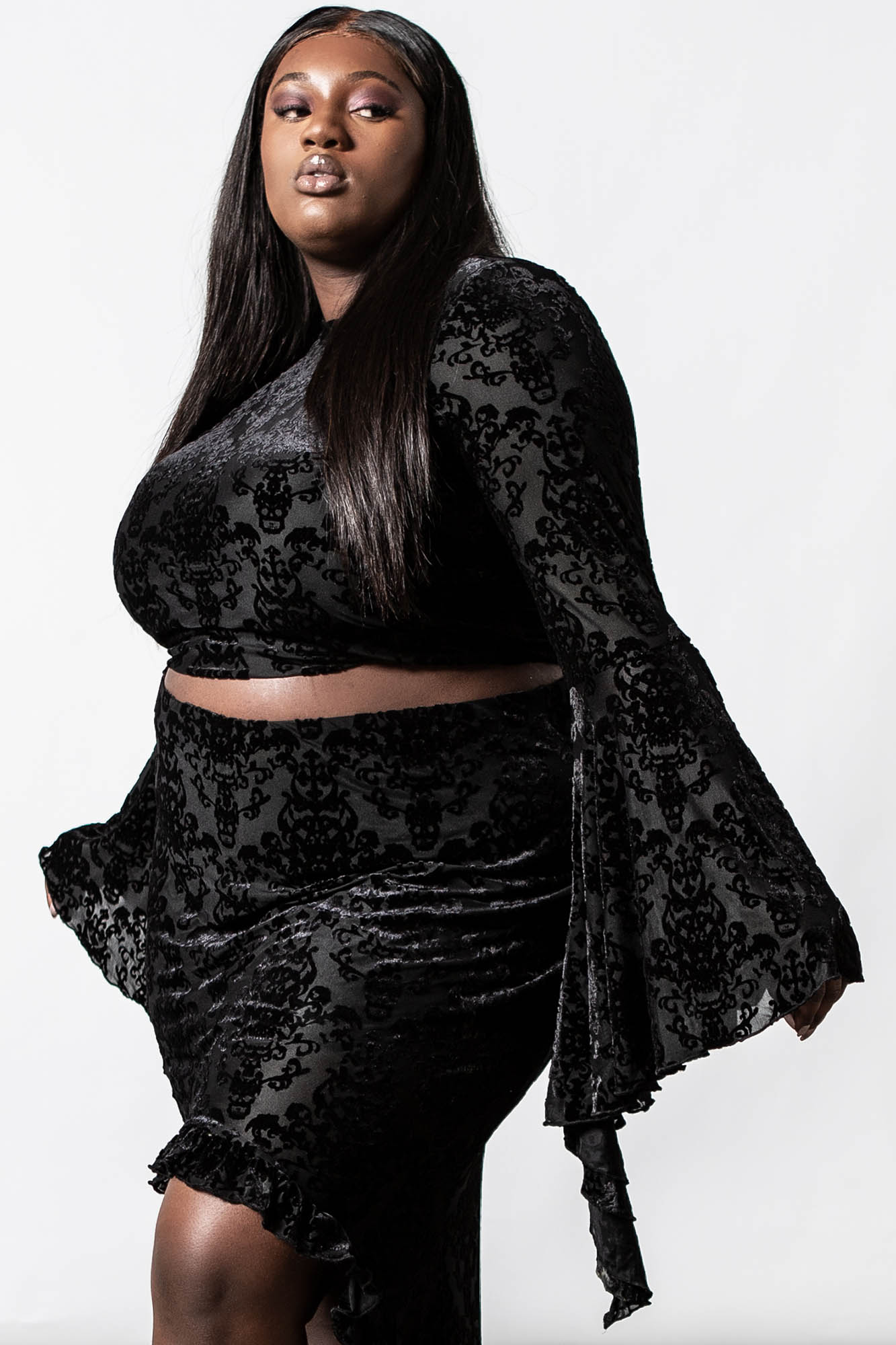 Killstar Incarnate Velvet Lace-Up Top with Bell Sleeves