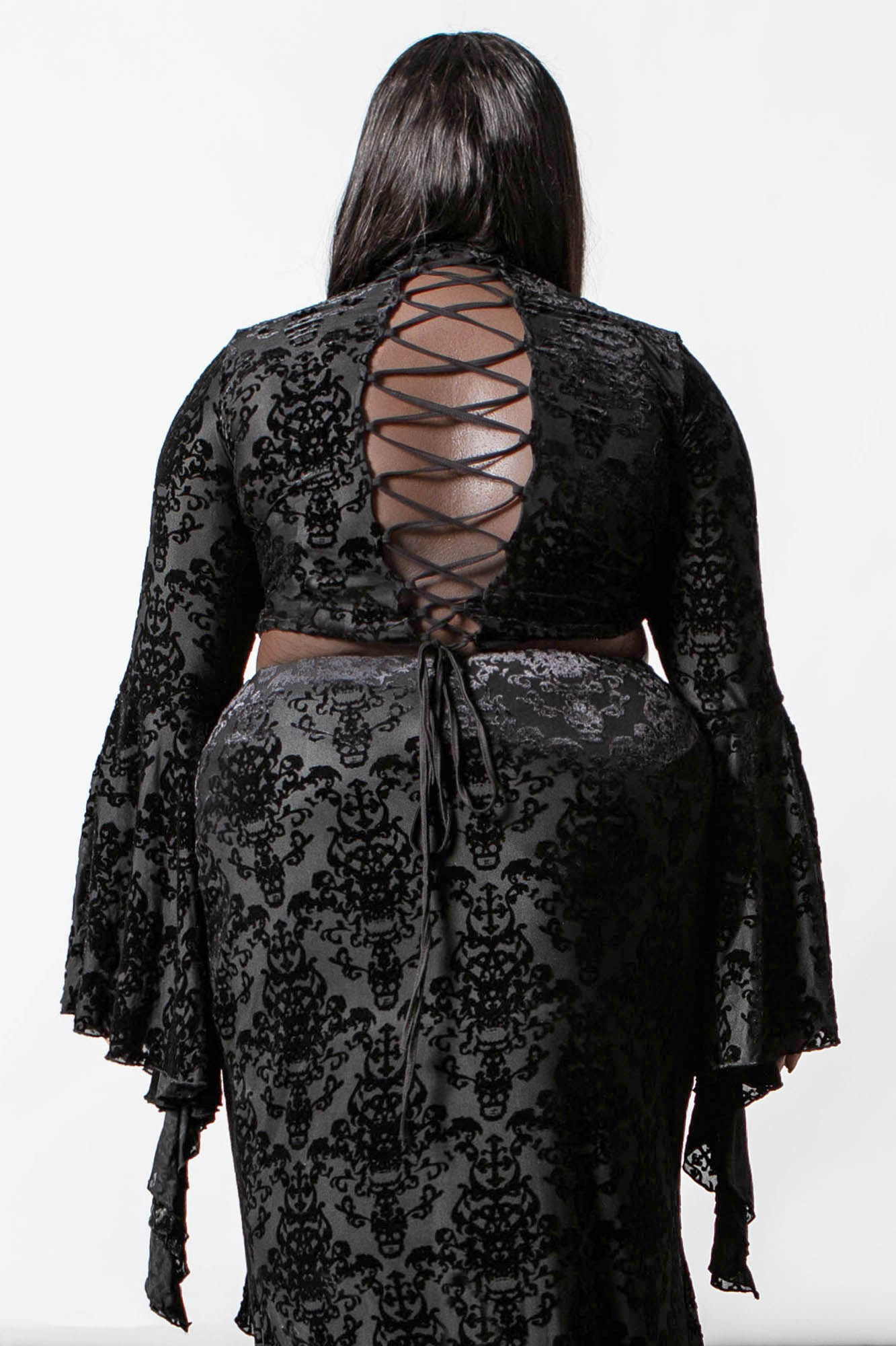 Killstar Incarnate Velvet Lace-Up Top with Bell Sleeves