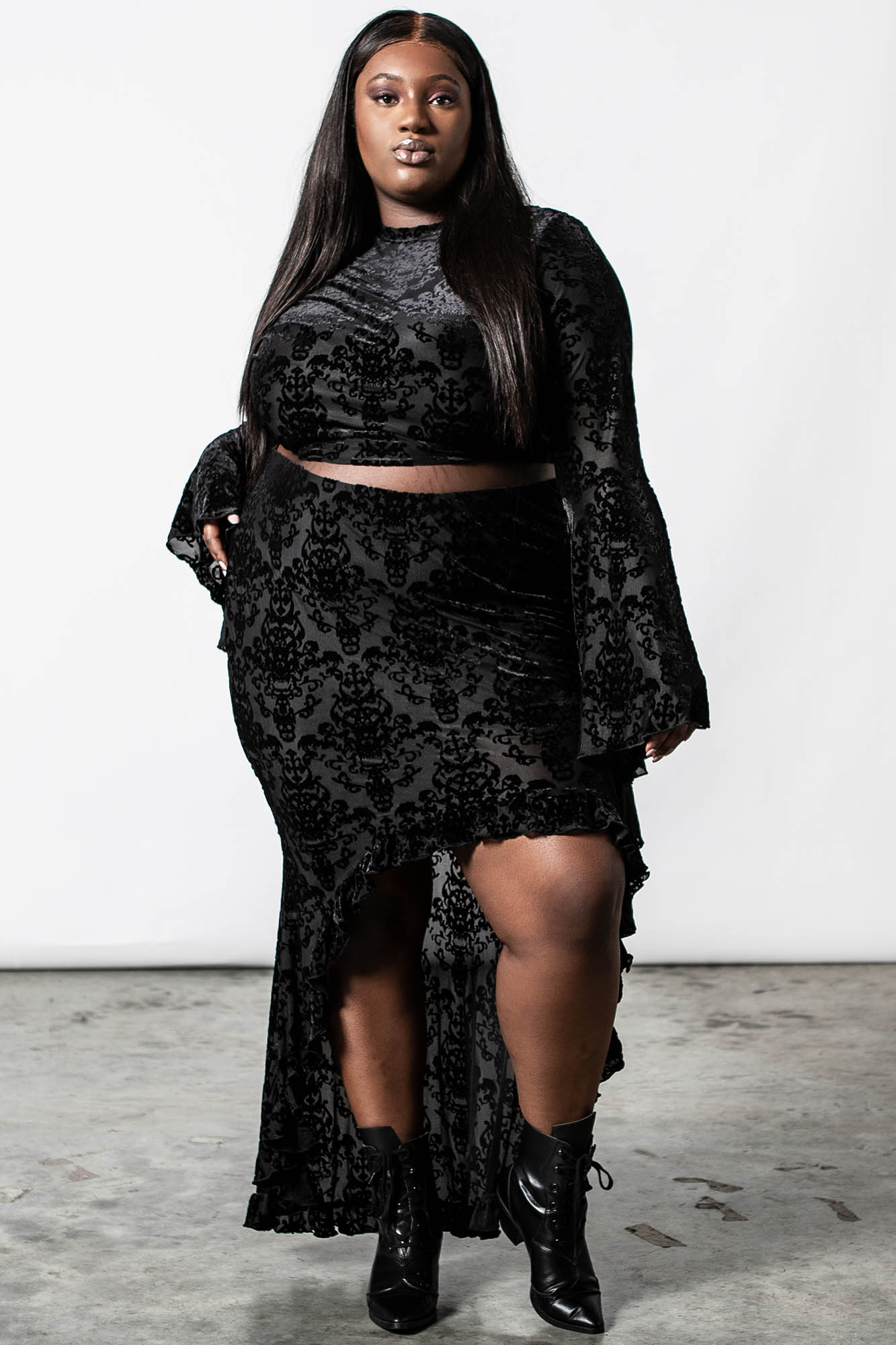 Killstar Incarnate Velvet Lace-Up Top with Bell Sleeves