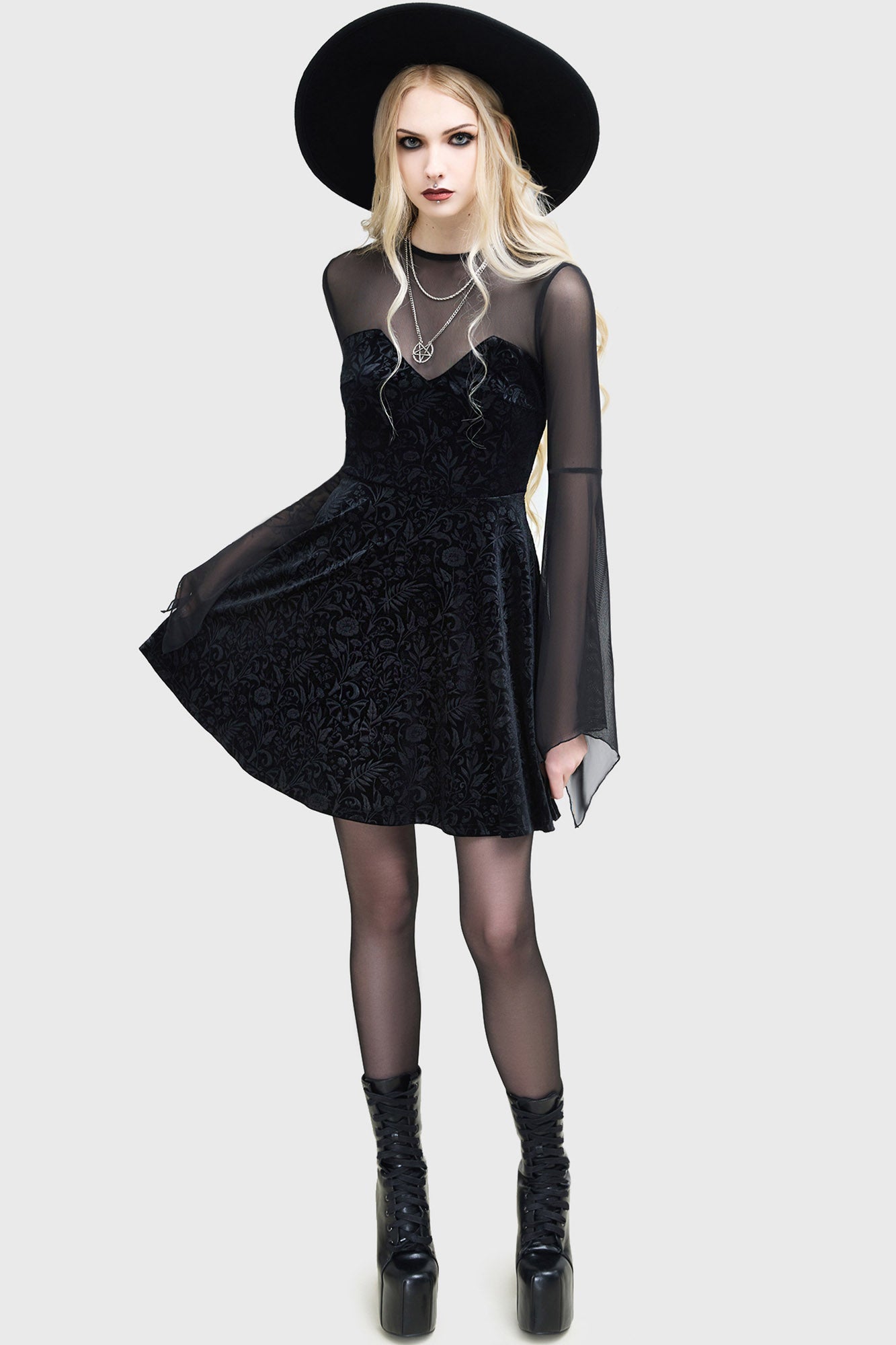 Killstar Enigma Garden Velvet Mini Dress with Mesh Details