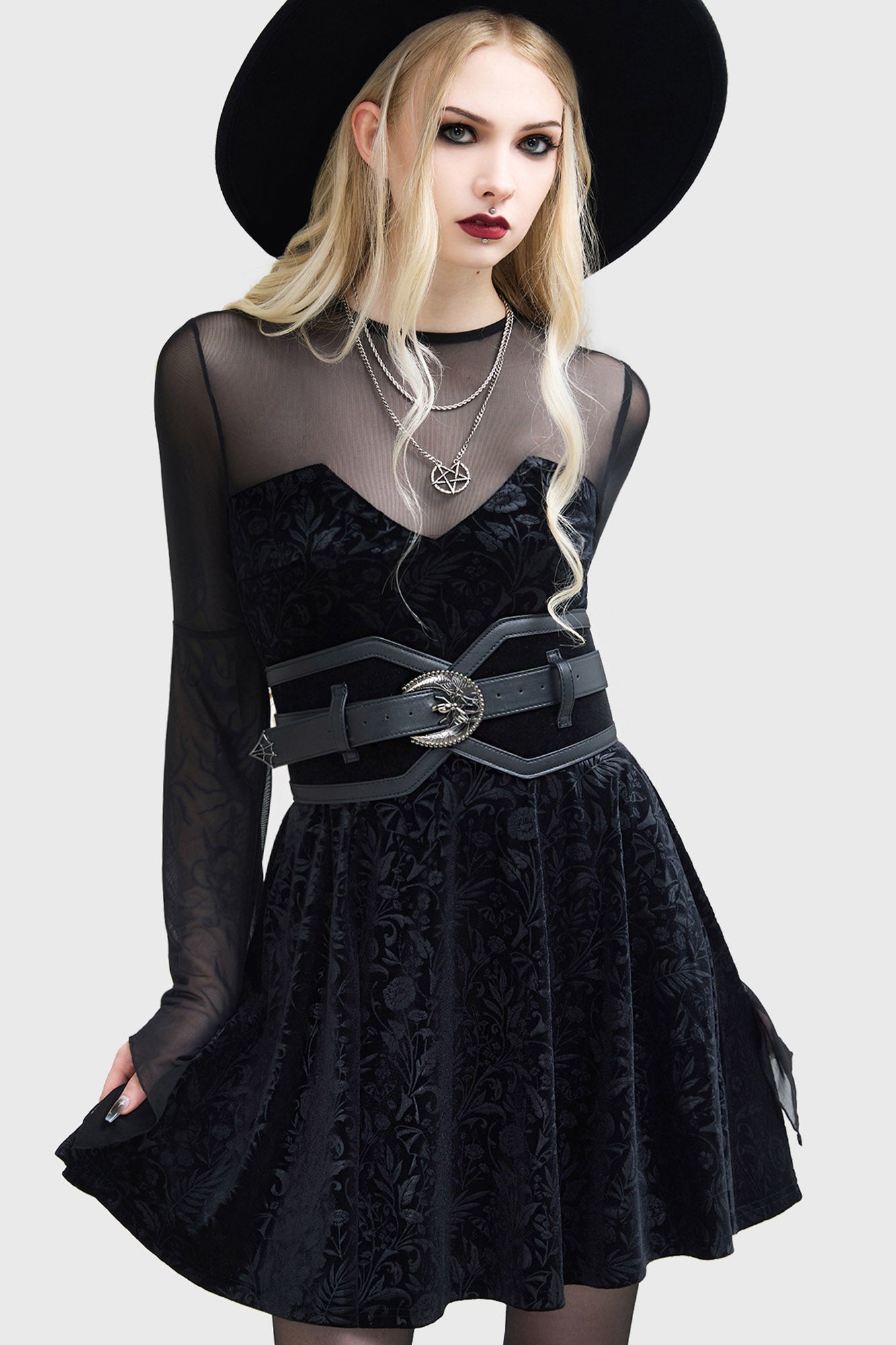 Killstar Enigma Garden Velvet Mini Dress with Mesh Details