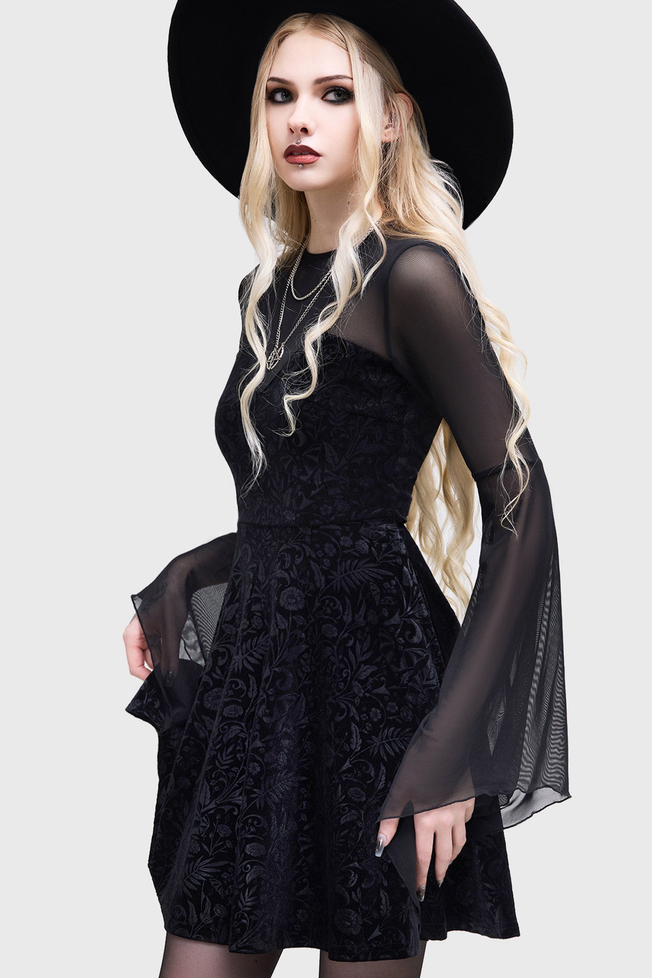 Killstar Enigma Garden Velvet Mini Dress with Mesh Details