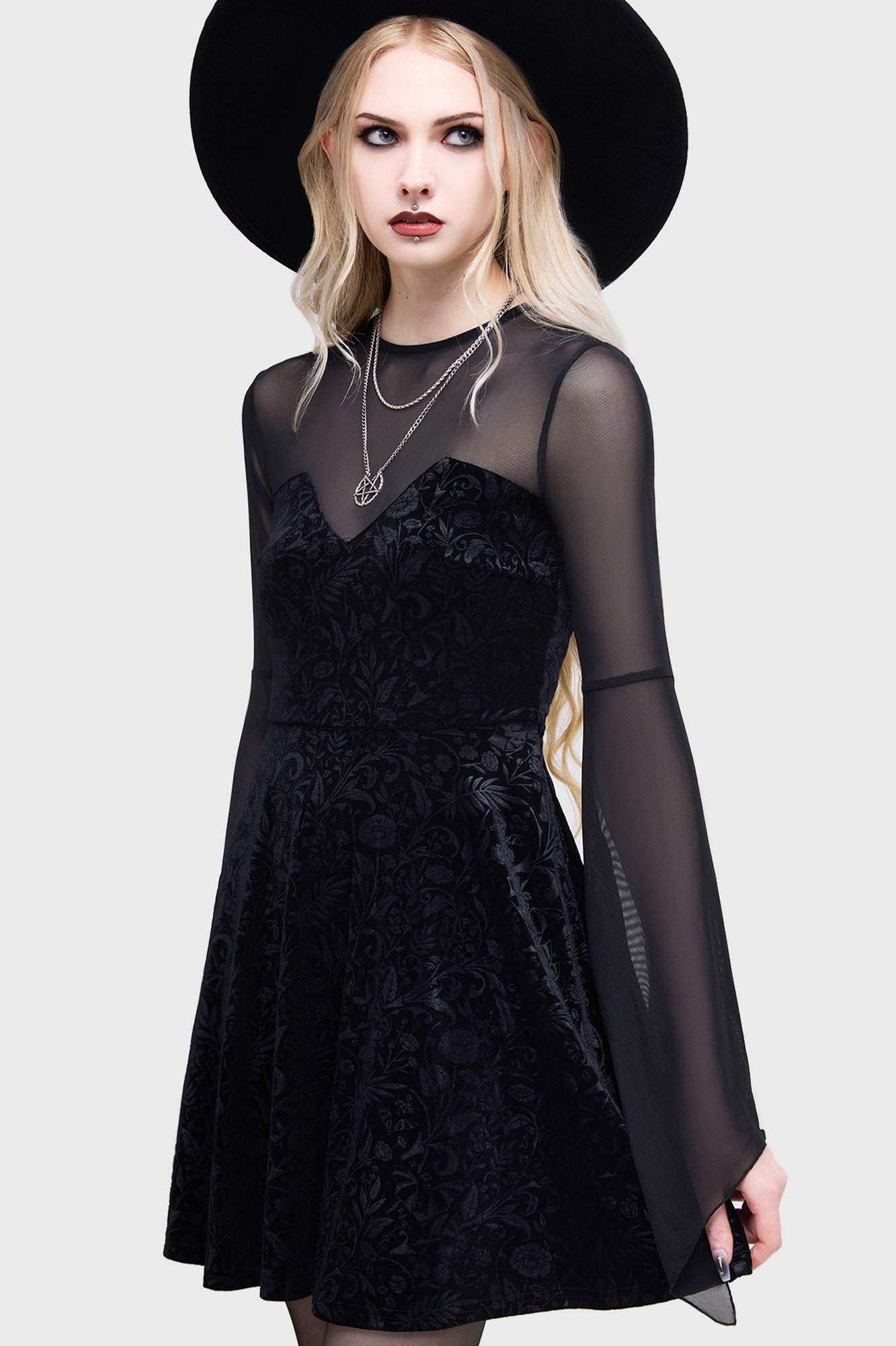 Killstar Enigma Garden Velvet Mini Dress with Mesh Details