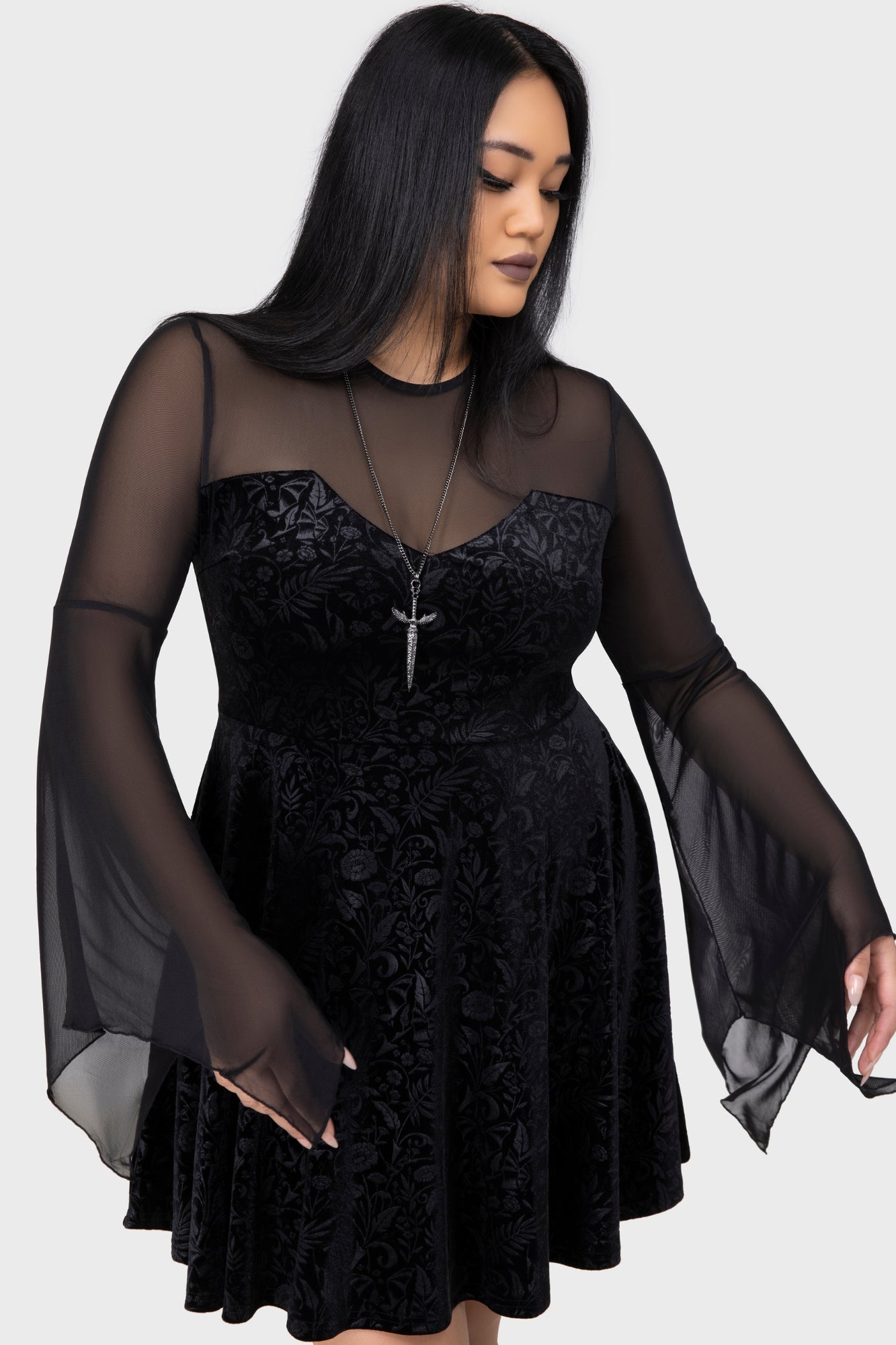 Killstar Enigma Garden Velvet Mini Dress with Mesh Details