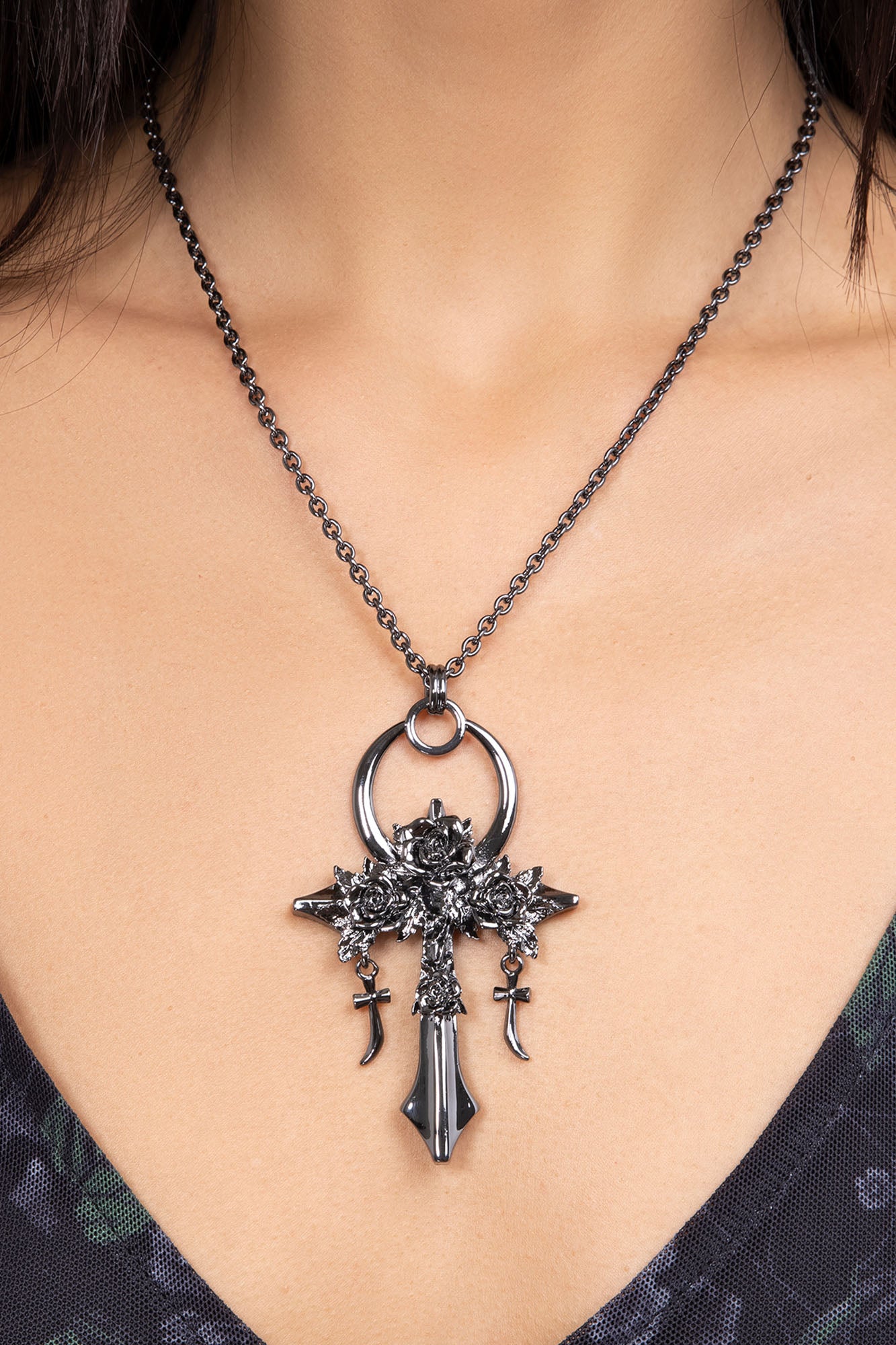 Killstar Gothic Ankh Necklace with Rose & Crucifix Design