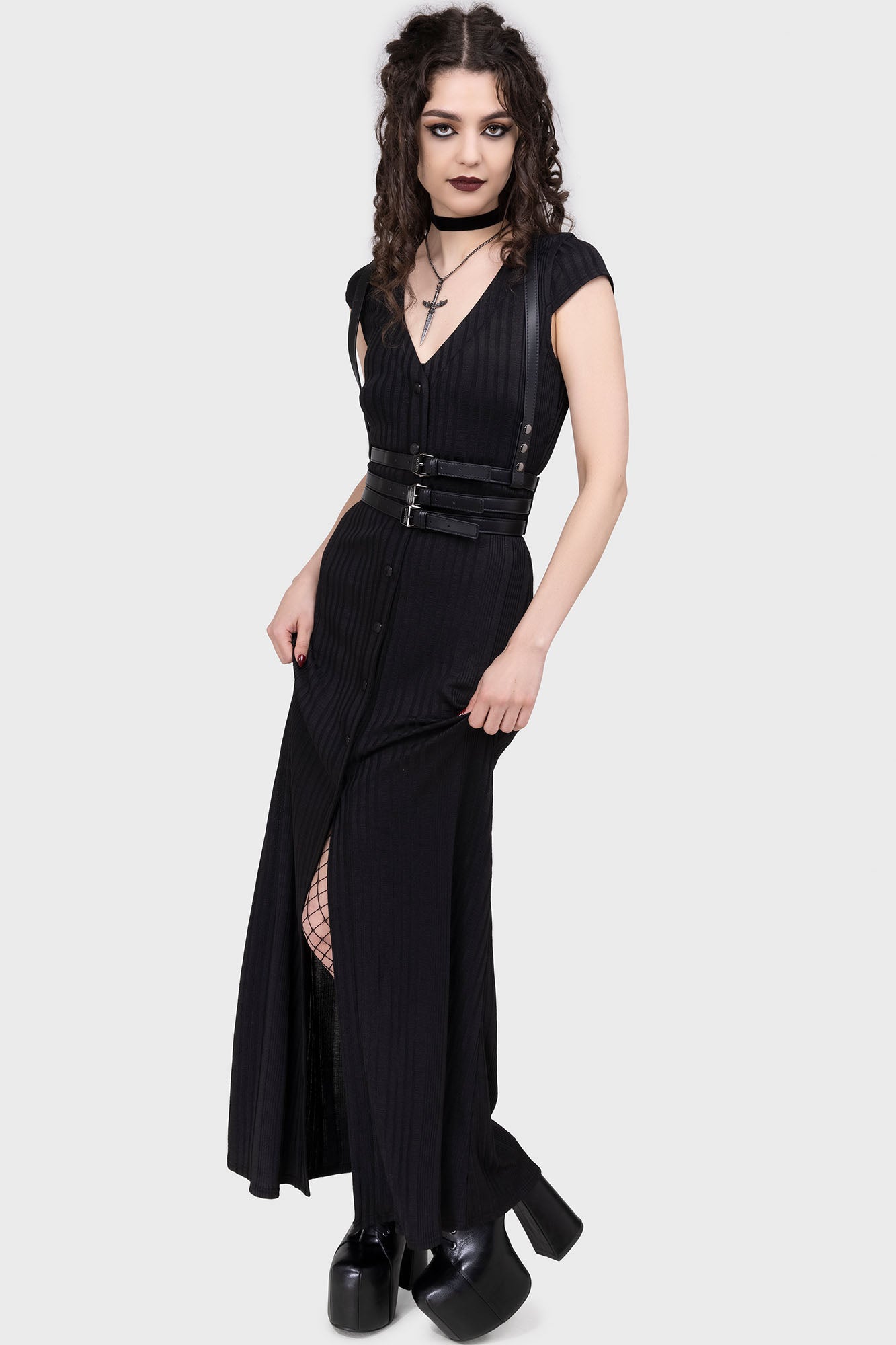 Killstar Femme Fury Gothic Maxi Dress with V-Neck & Studs