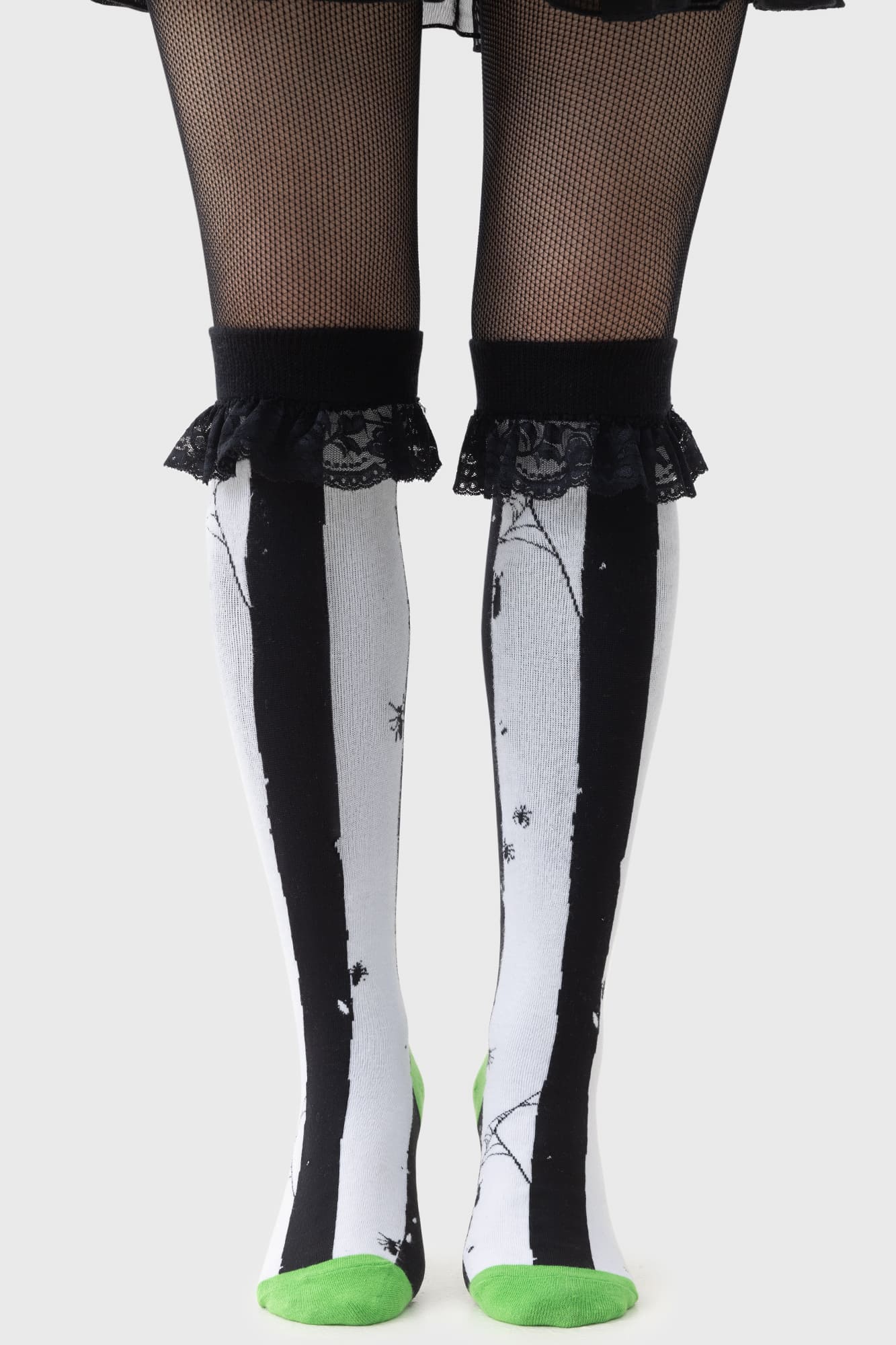 Killstar Distressed Stripe Knee High Socks with Lace Trim