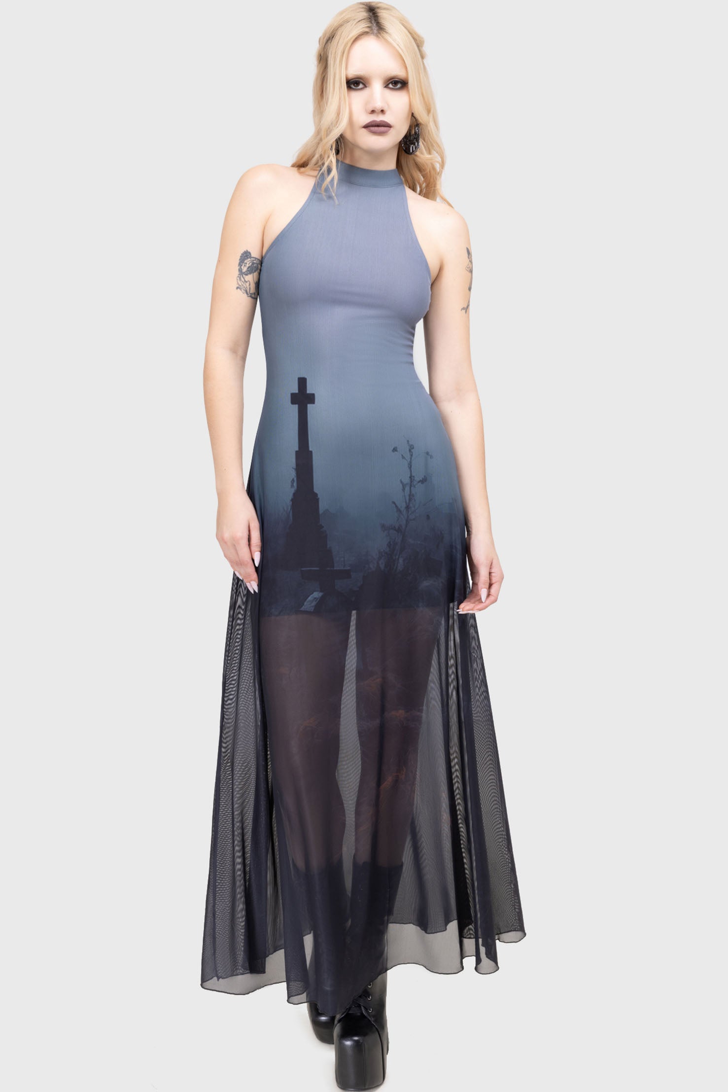 Killstar Final Rest Maxi Dress - Gothic Halterneck Mesh Dress