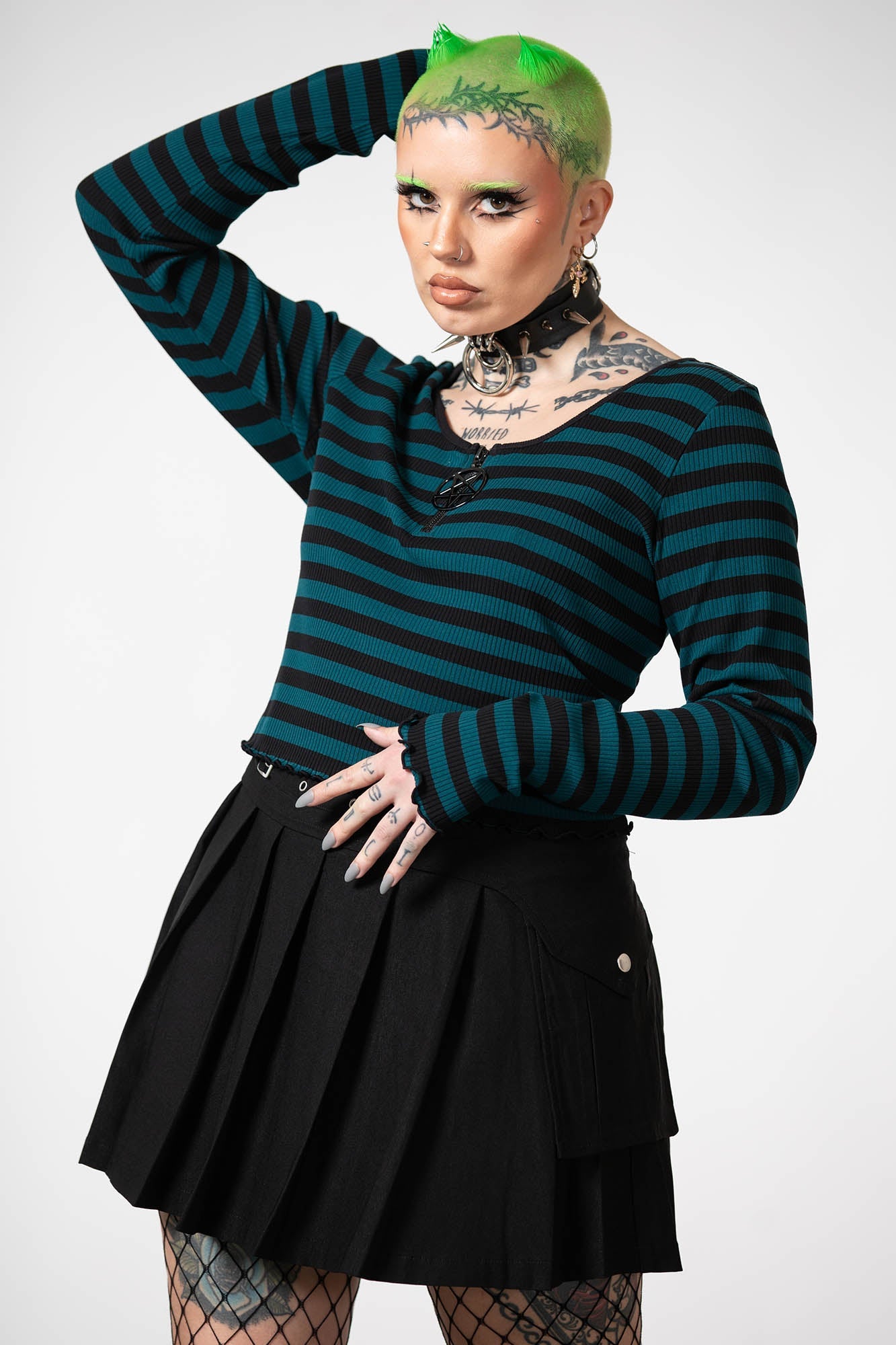 Killstar Chimera Striped Long Sleeve Crop Top - Green