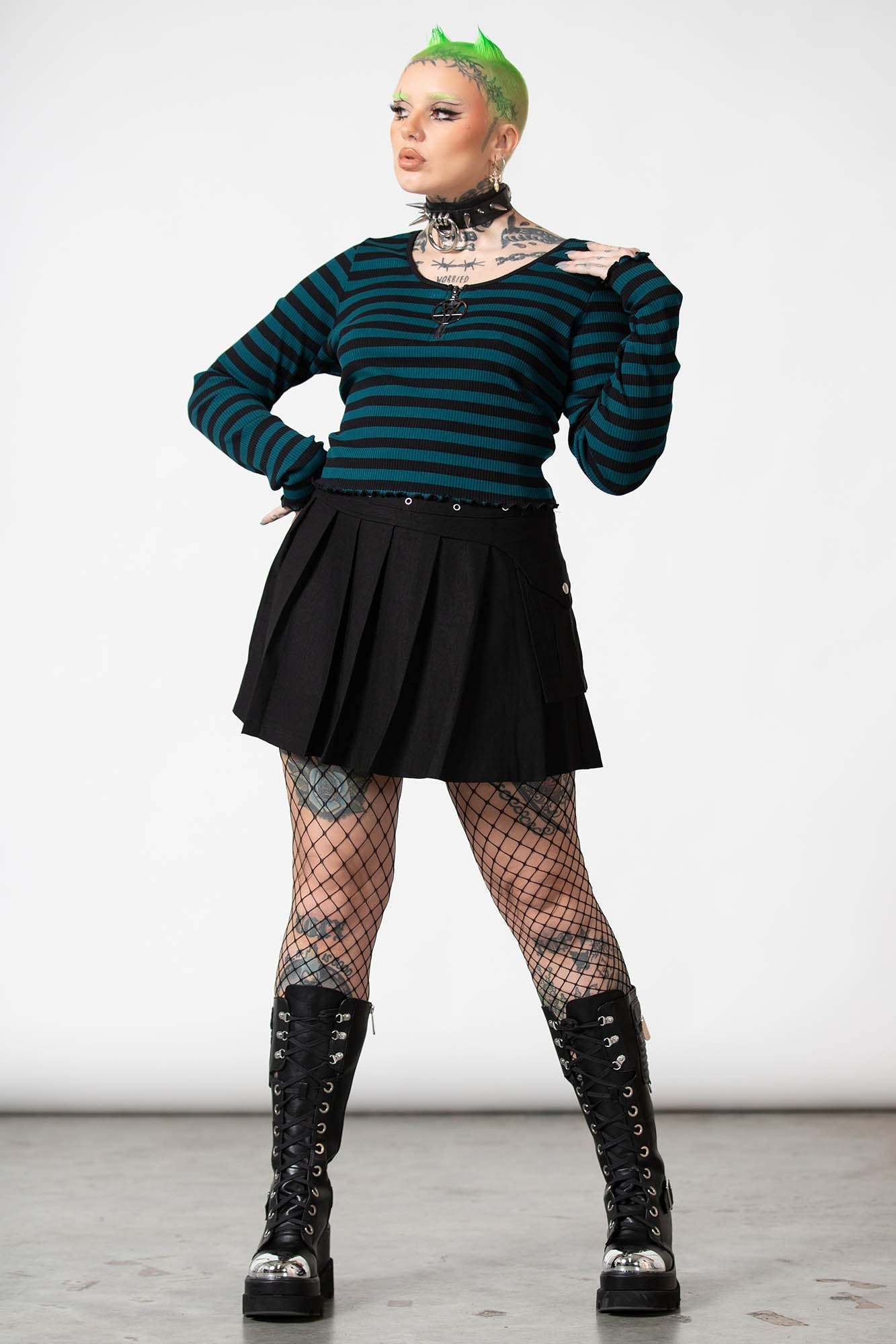 Killstar Chimera Striped Long Sleeve Crop Top - Green