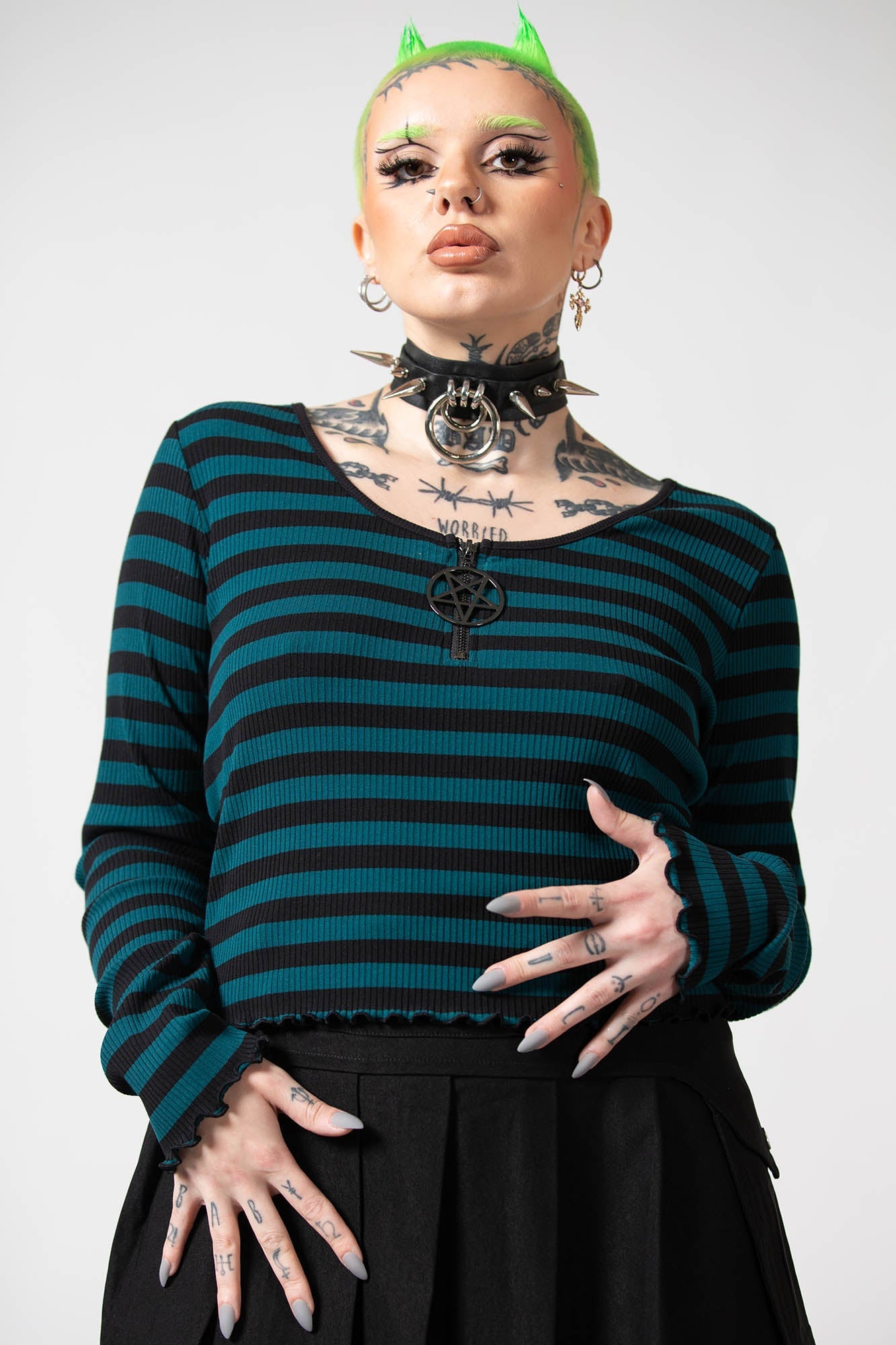 Killstar Chimera Striped Long Sleeve Crop Top - Green