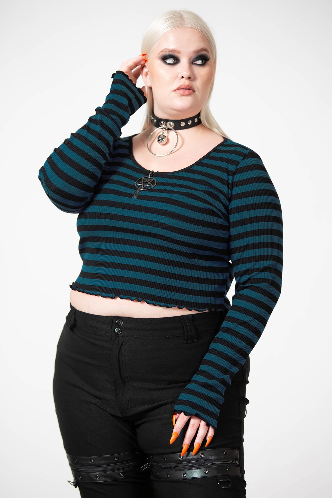 Killstar Chimera Striped Long Sleeve Crop Top - Green